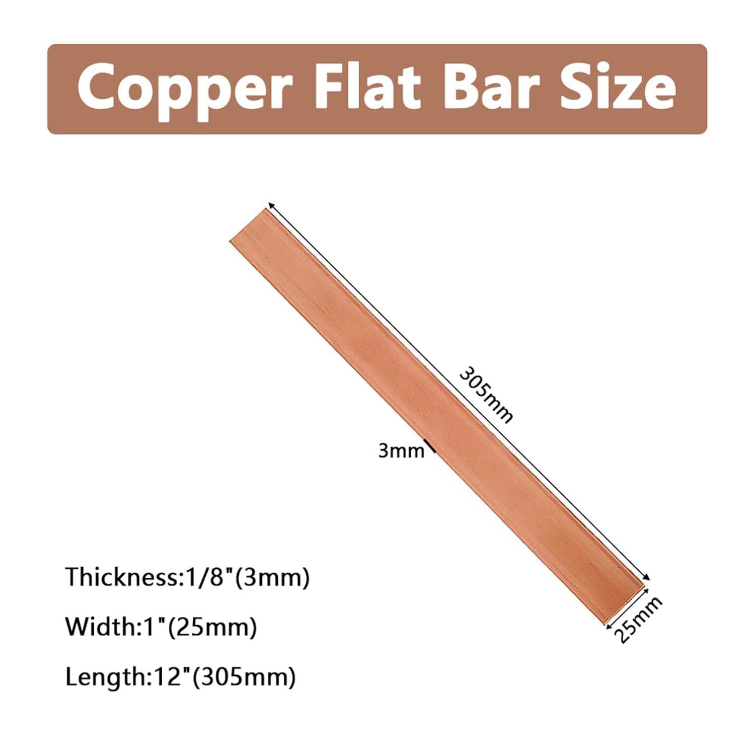 1Pcs 1/8″ x 1″ x 12″ C110 Copper Flat Bar 12″ Long, 3 x 25 x 305mm 99.98% Pur…