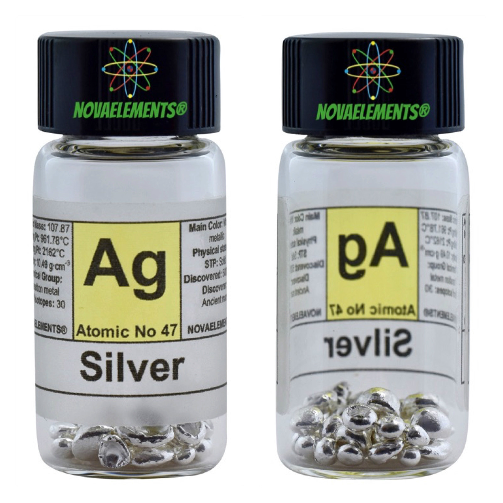 Silver metal element 47 Ag shiny pellets 3 grams 99.99% in labeled glass vial