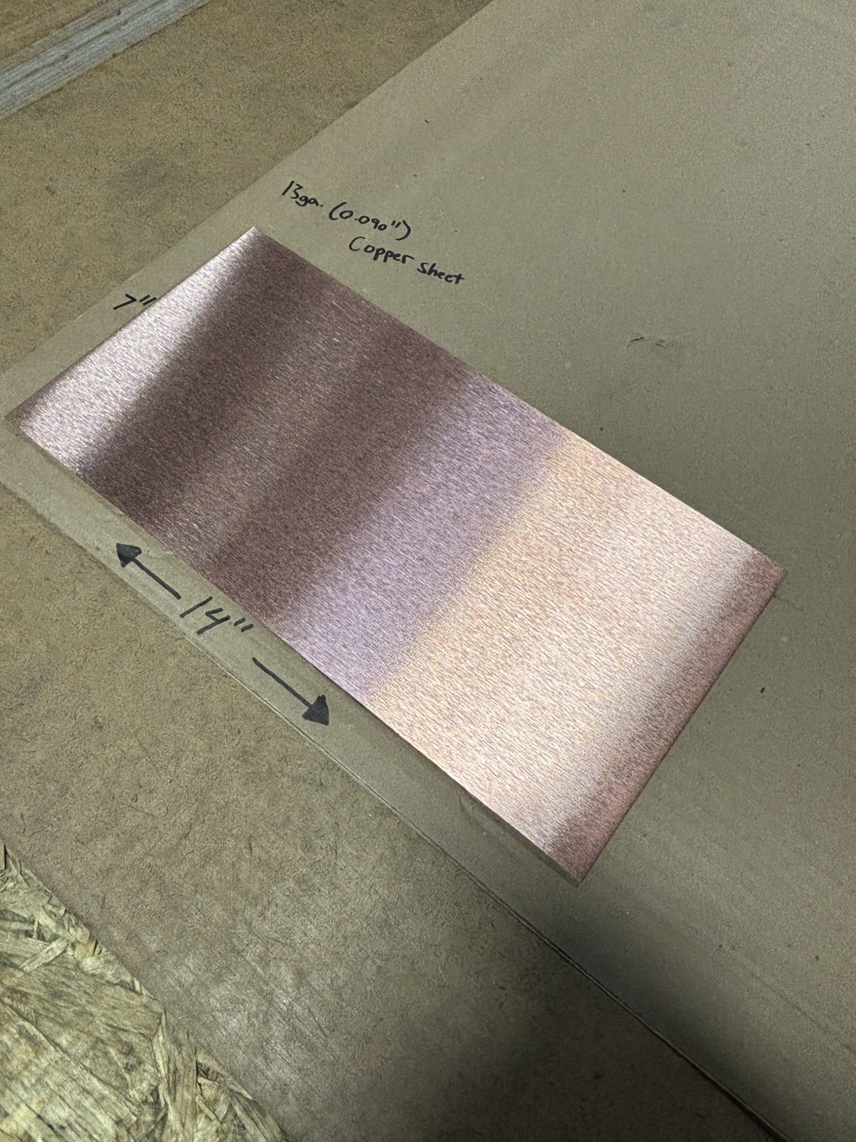 13ga (0.090” Thick) Pure Copper Sheet Metal – 1/4 Hard – 7” x 14” – brushed