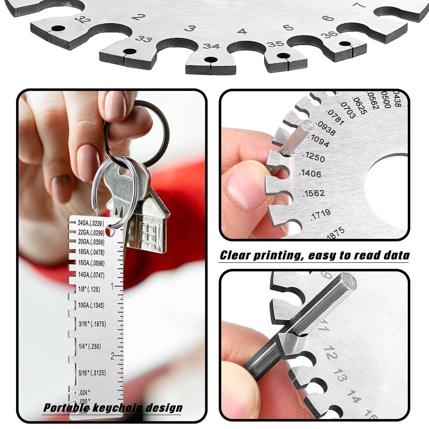 4 PCS Stainless Steel Metal Sheet Thickness Gauge with Round Dual Sided Wire Wel