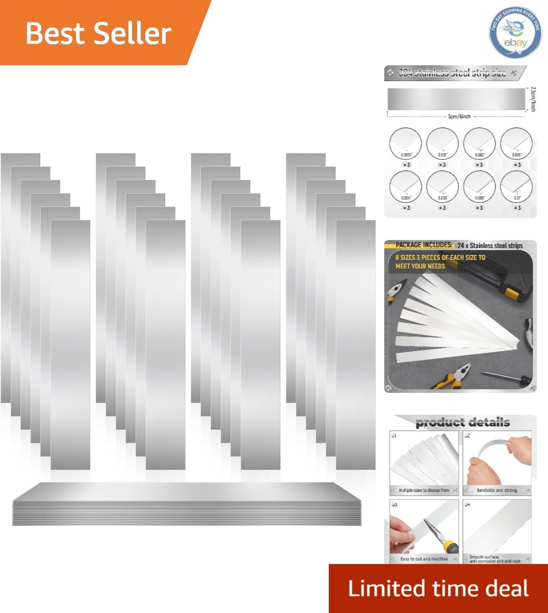 8 Thickness Sizes of 24 Stainless Steel Shim Strips – Durable 1″x6″ Metal Sheets