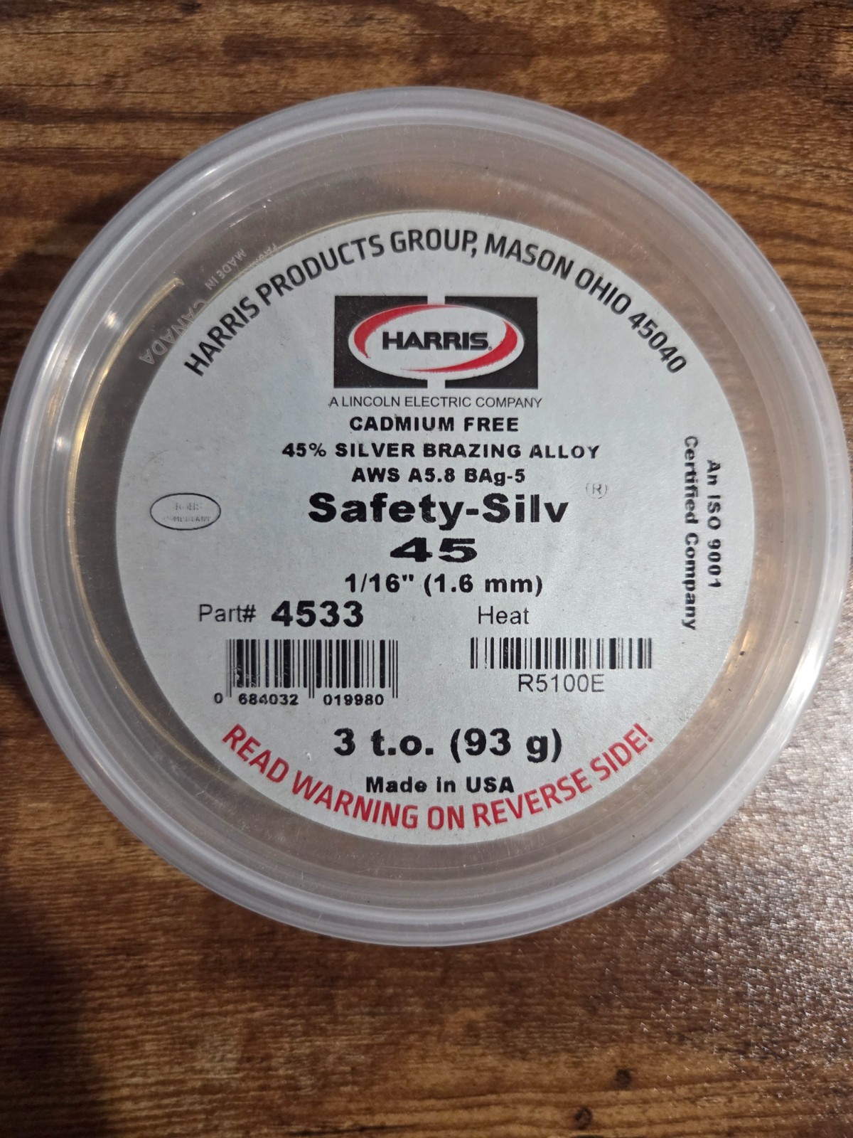 HARRIS 4533 SAFETY-SILV 45 High Silver Brazing Alloy 1/16 in, 1 x 3 Troy OZ Cup