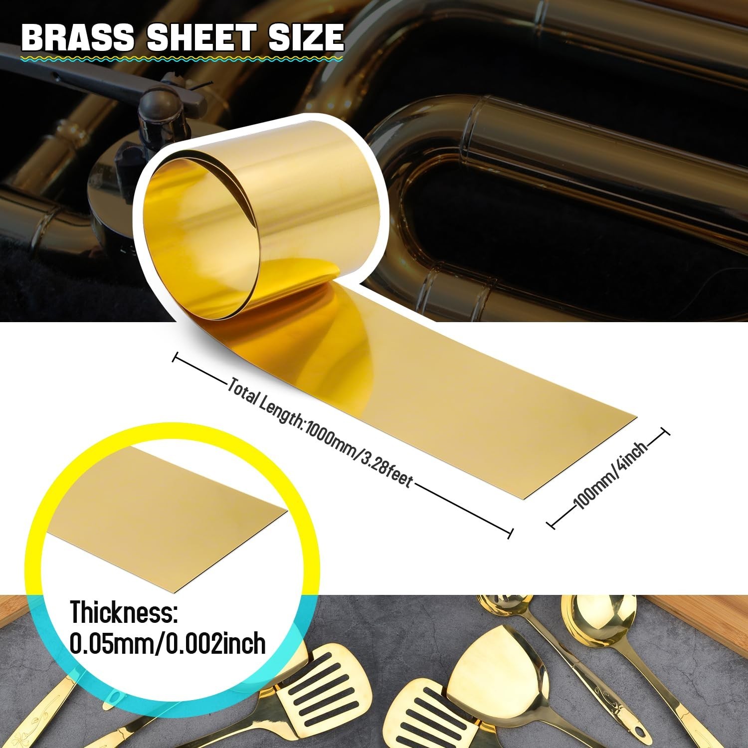 Brass Sheet Roll, Gold Foil Sheets-1000mm x 100mm x 0.05mm Thin Brass Metal F…