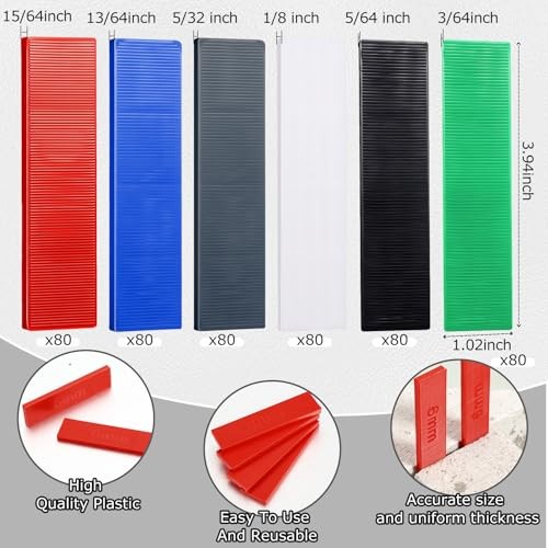 480 Pcs Plastic Flat Shims Set Tile Leveling Spacers Assorted Sizes & Colors