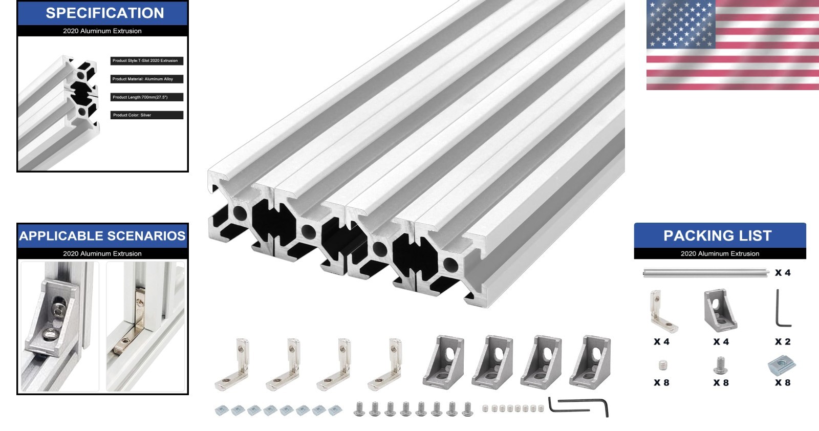 4-Pack 700mm Anodized Aluminum T-Slot 20×20 Rail for 3D Printing & DIY Projects