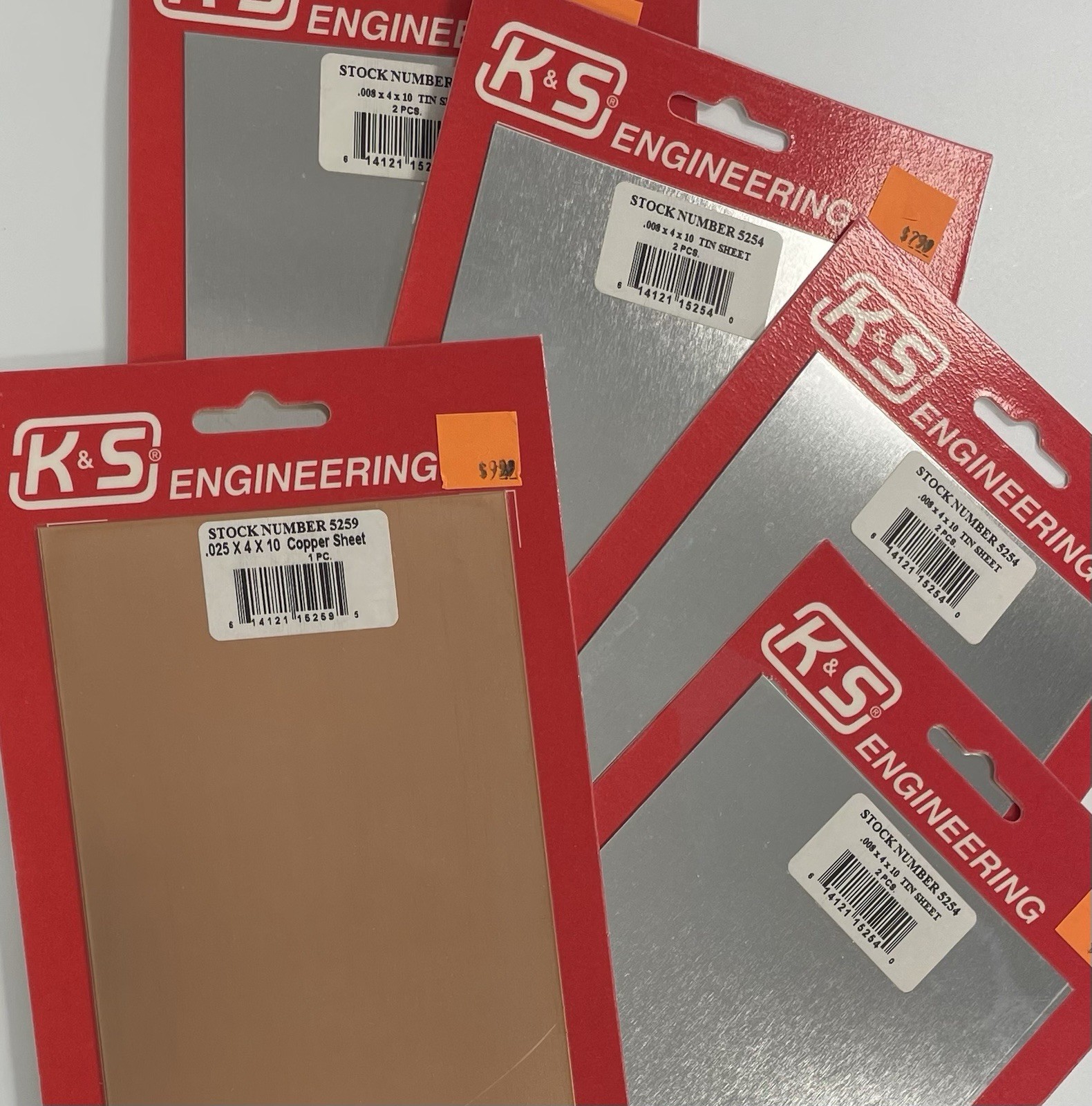 K&S Engineering 1 Copper Sheet .025x4x10 and 4 Tin Sheets .008x4x10” Lot Of 5