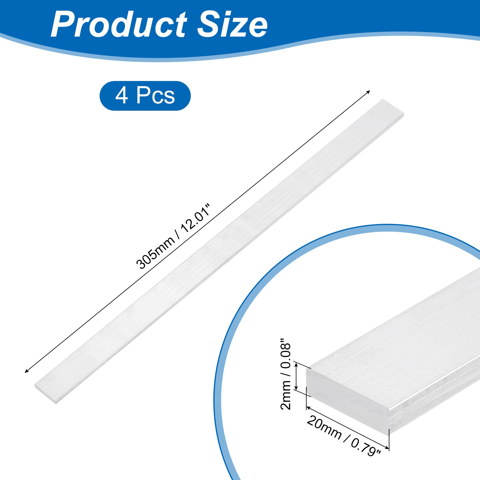 Square 6063 Aluminum Flat Bar, 4Pcs 3/32″ Thickness 3/4″ Width 12″ Length