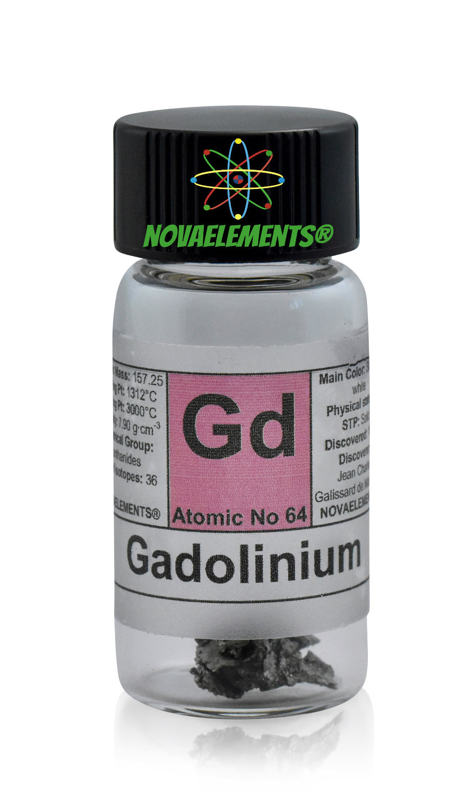 1 gram 99,95% Gadolinium metal element 64 Gd sample in labeled glass vial
