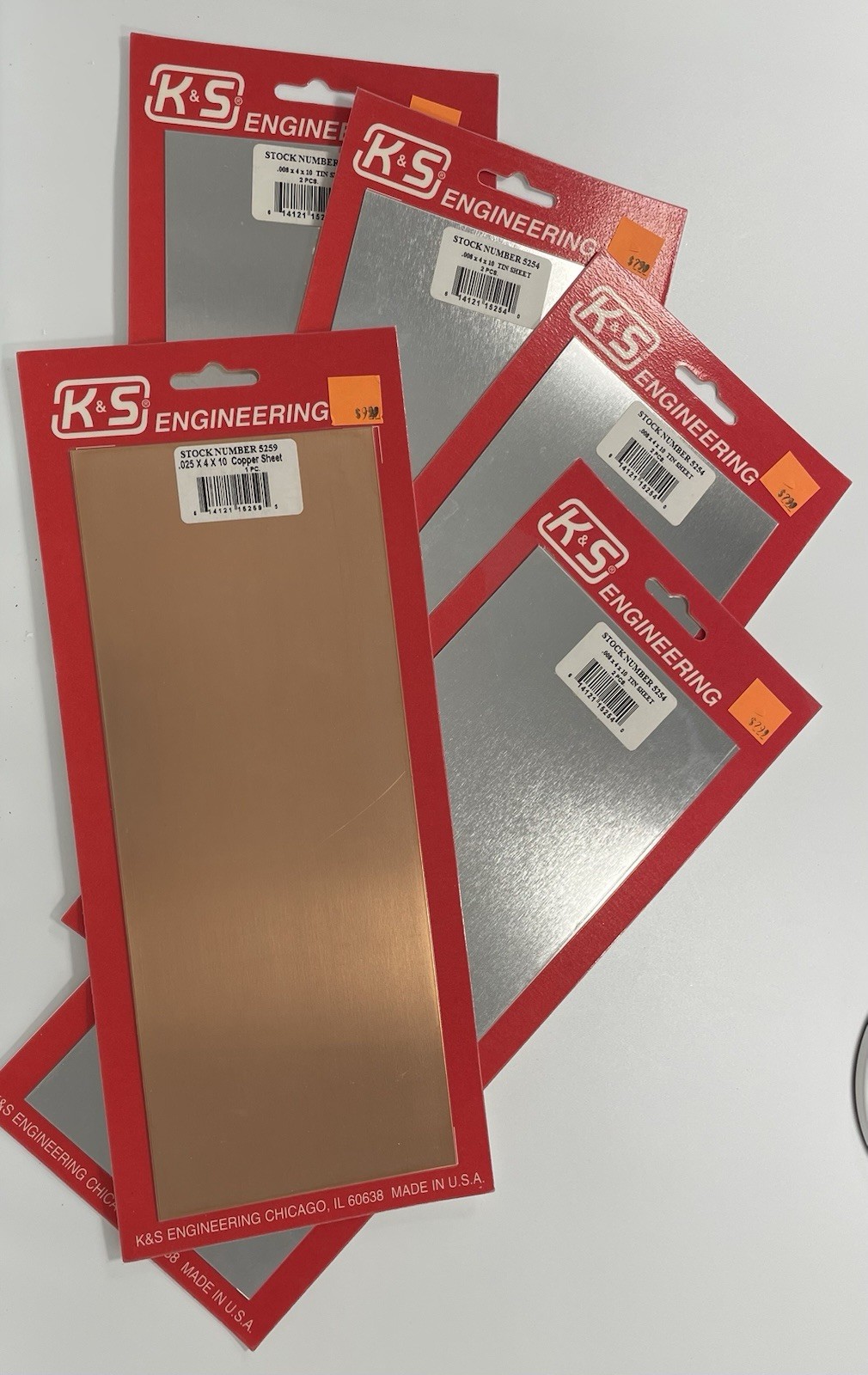 K&S Engineering 1 Copper Sheet .025x4x10 and 4 Tin Sheets .008x4x10” Lot Of 5