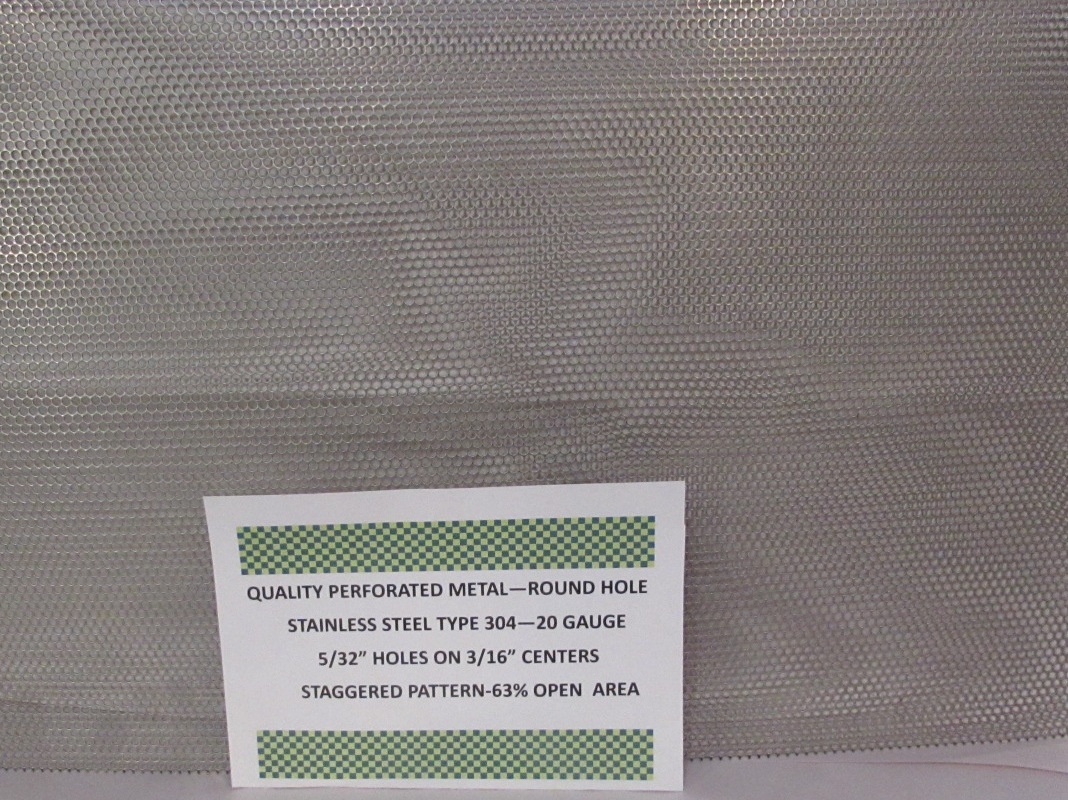 20 GA 304 STAINLESS PERORATED SHEET–5/32″ HOLES ON 3/16″STAGGERED 5″ x 16-1/2″