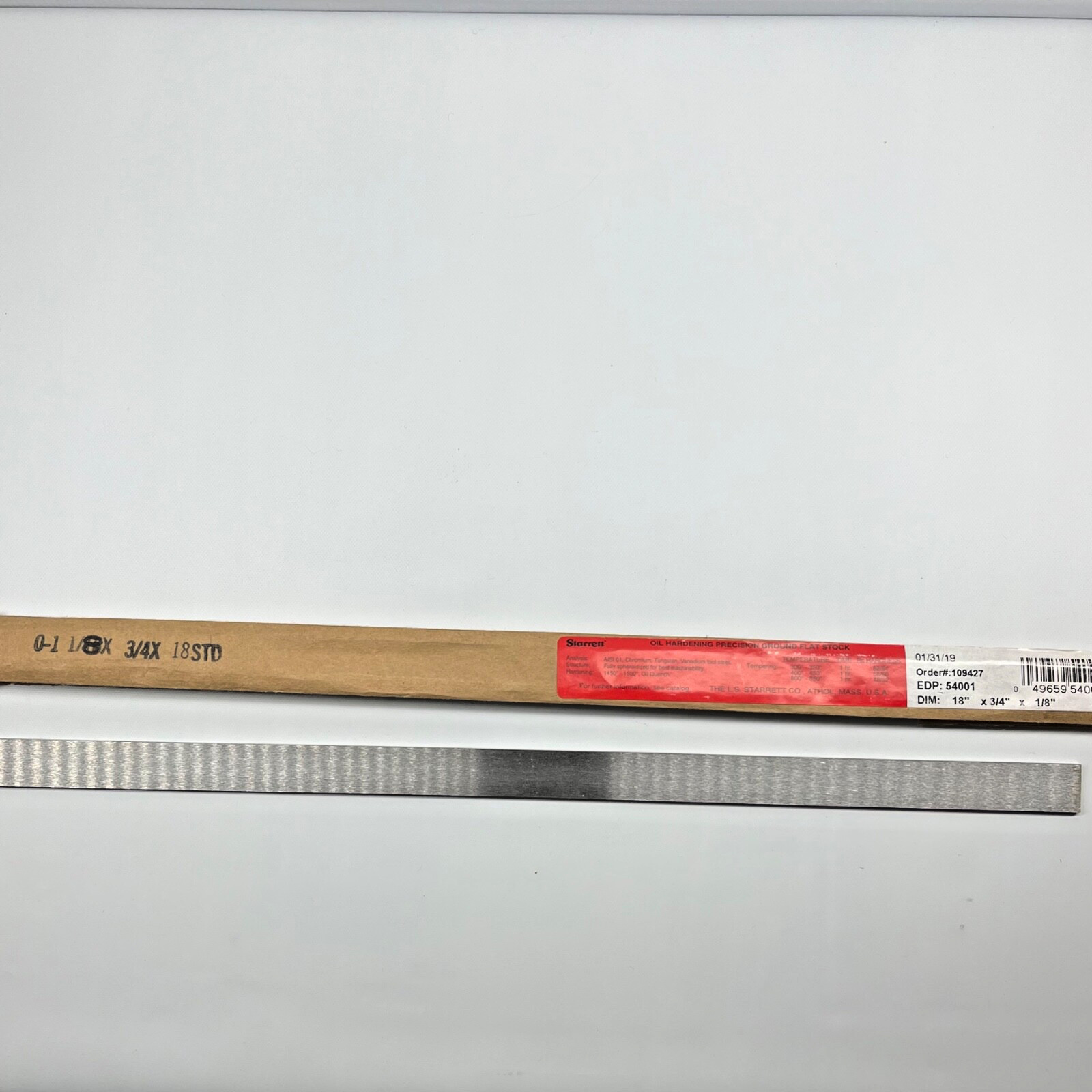 Starrett 54001 Precision Ground Flat Stock No. 496 Oil Hardening 18” USA