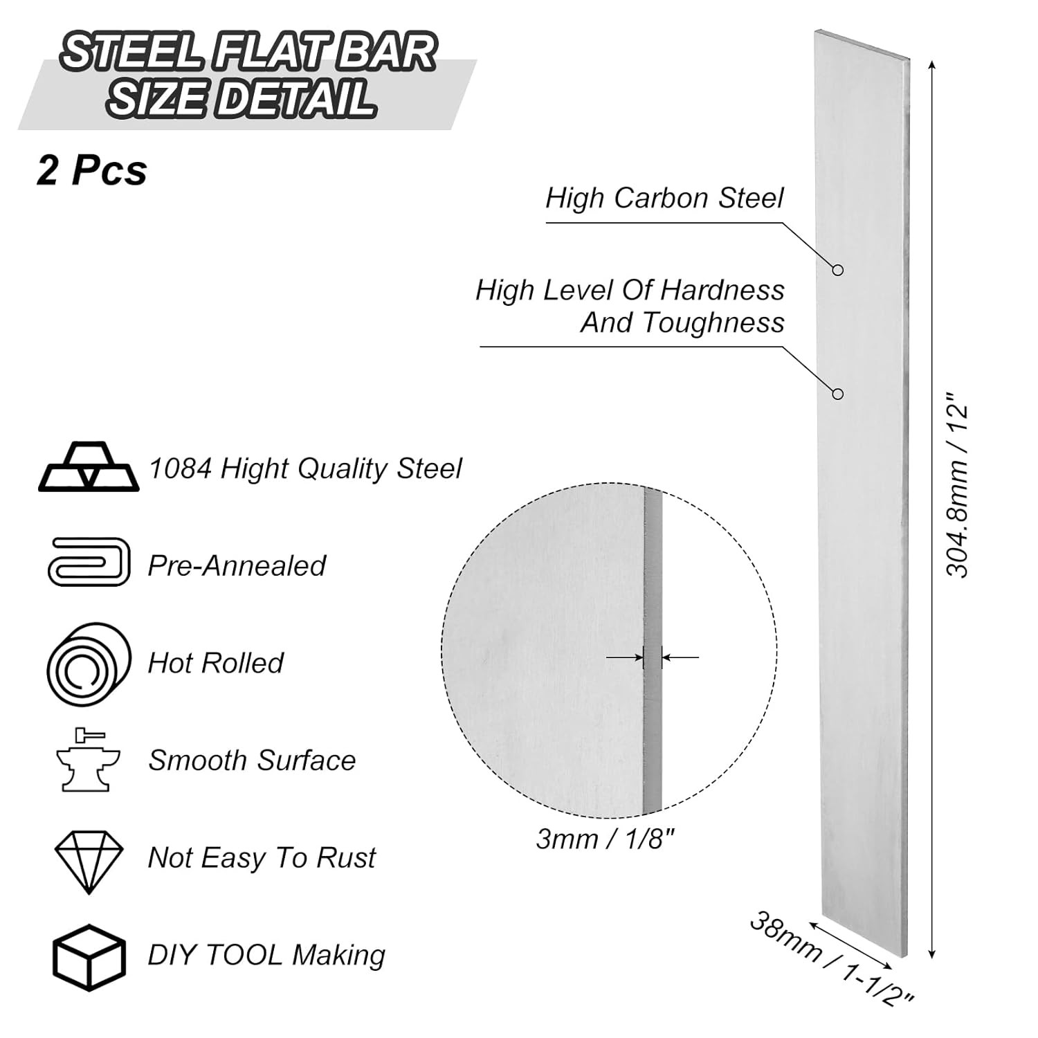 1084 Steel Flat Bar, 2 Pcs 12″ X 1 1/2″ X 1/8″ Knife Making Steel Iron Stock …