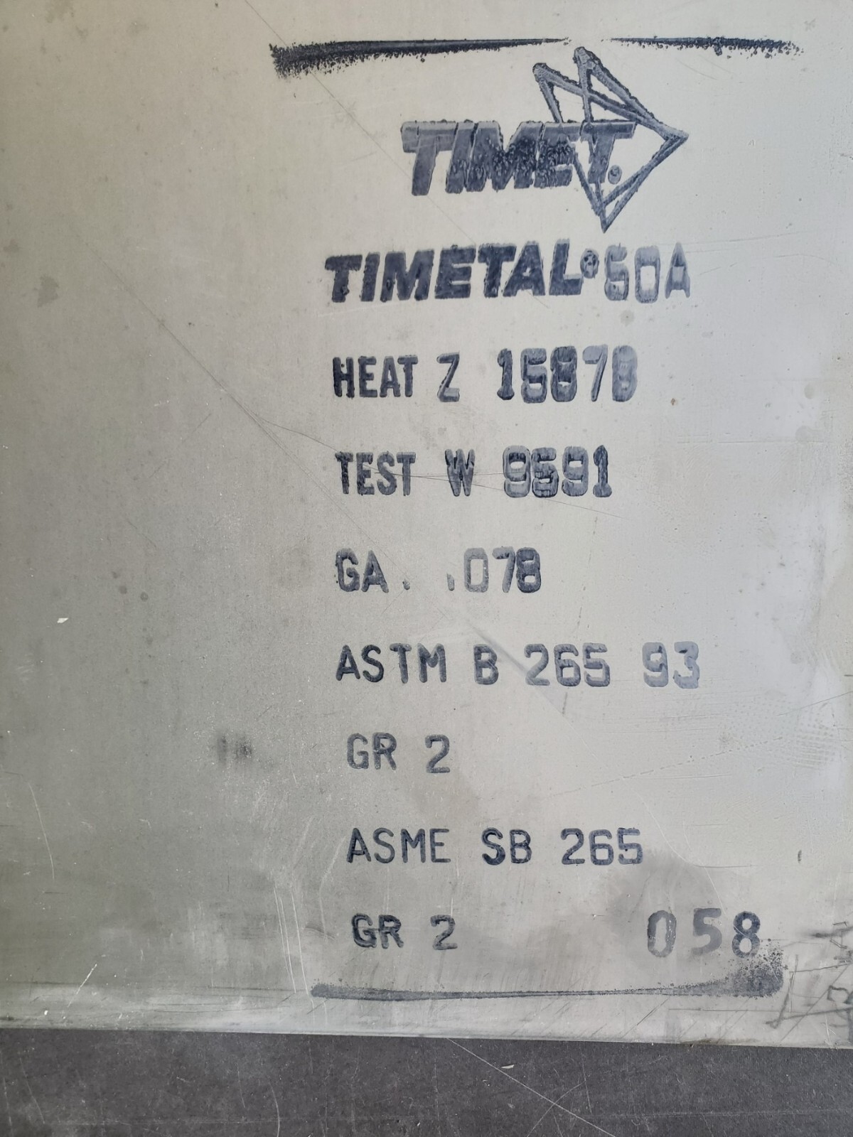 Grd. 2 50A Titanium CP Sheet 24″ x 48″ x .078″, 5/64″ ASME SB 265, ASTM B 265 93