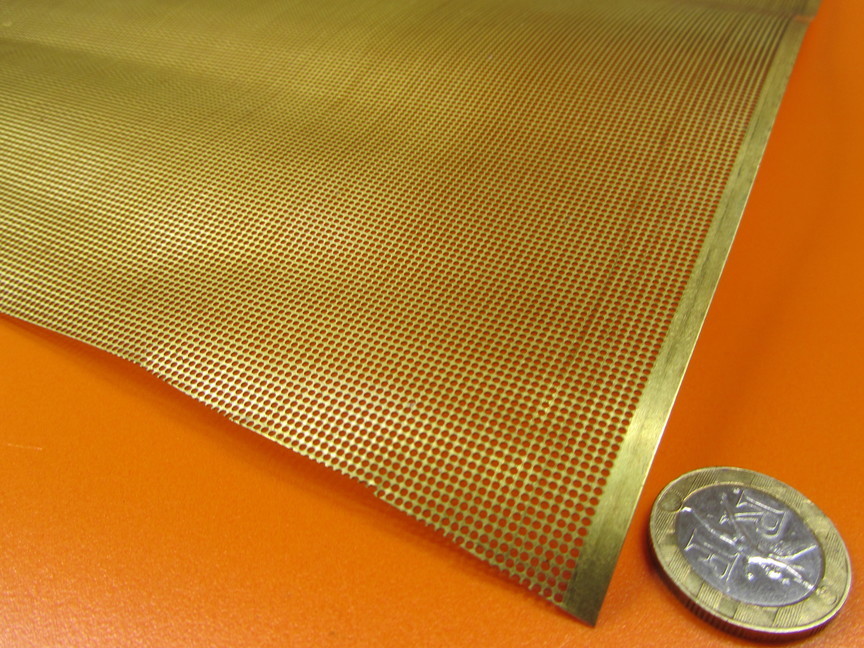 Brass Perforated Extra Thin Sheet, .016″ Thick x 24″ x Per Ft”, .038″ Hole Dia.