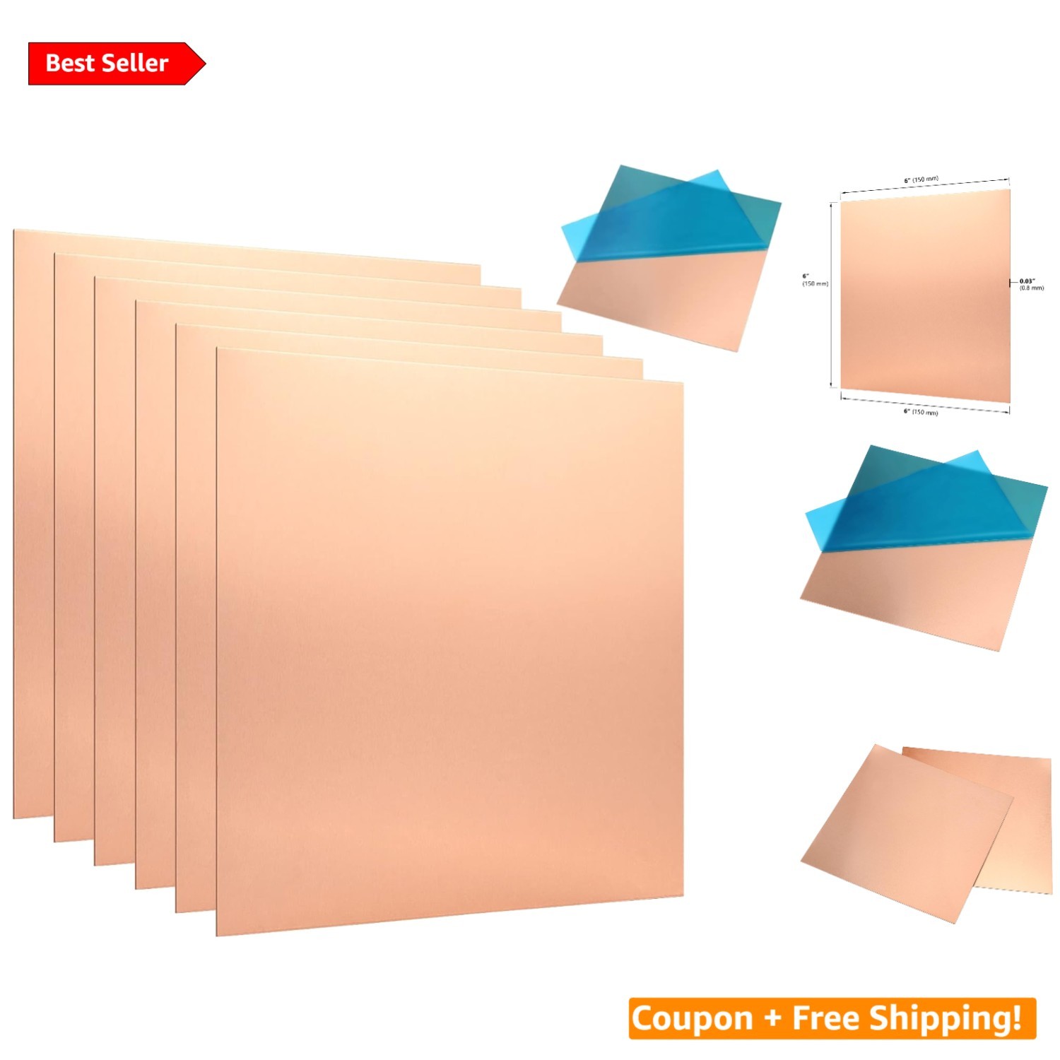 6″ x 6″ Copper Sheets – 6 Pack 20 Gauge for Art, Repair, and Electronics