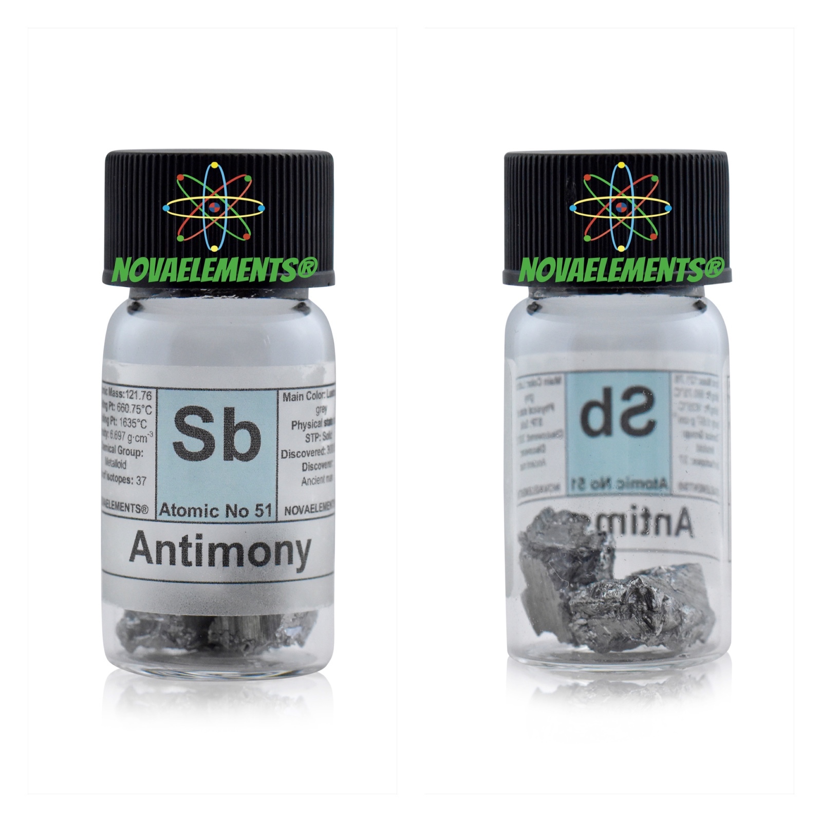 Pure Antimony Metal Element 51 sample 5g 99.9% crystals in labeled glass vial