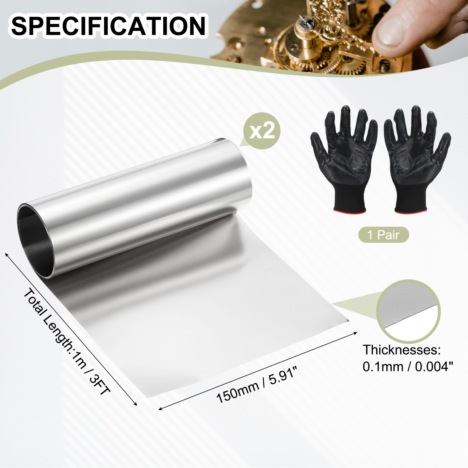 Stainless Steel Roll 0.1 x 150 x 1000mm for DIY Crafts (2 Pack, Silver)