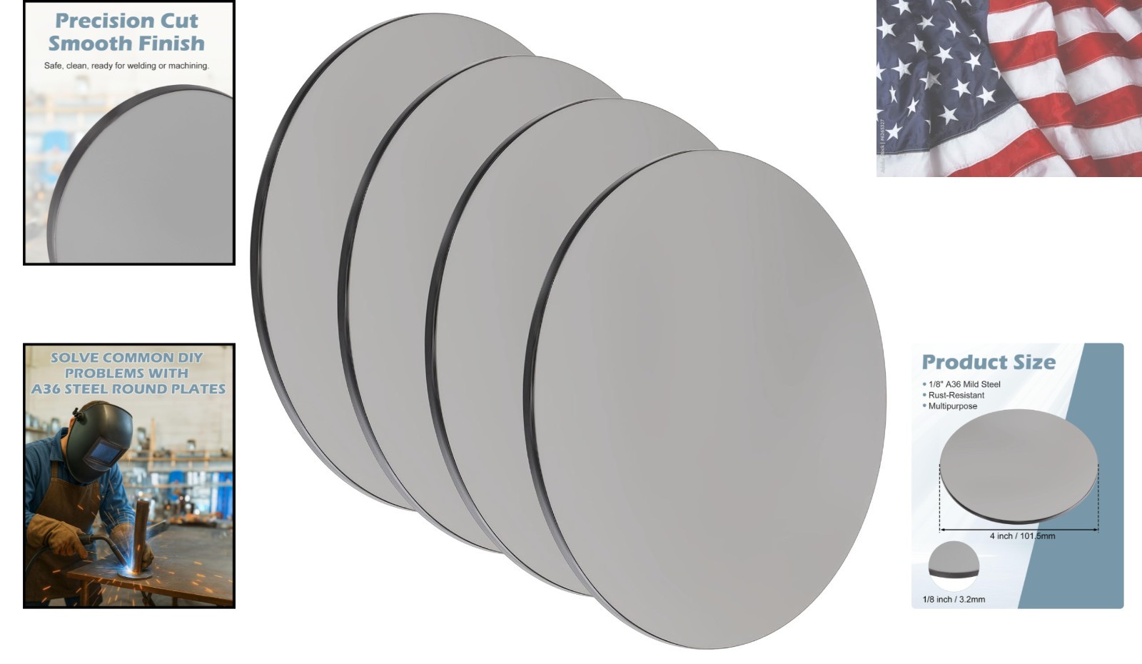 Steel Plate Sheet 1/8″ x 4″ Diameter Round Weldable 4 Pcs A36 Steel Sheet Met…
