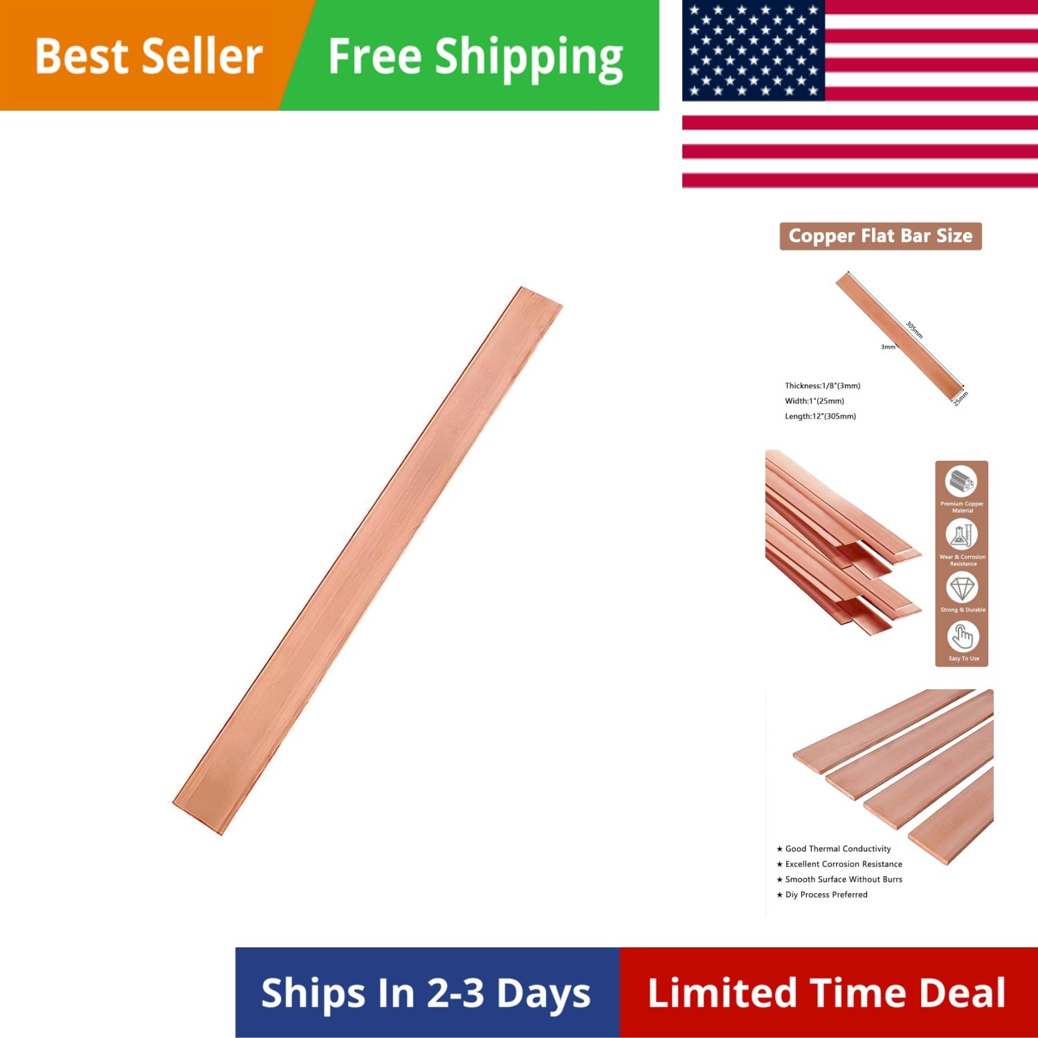 1Pcs 1/8″ x 1″ x 12″ C110 Copper Flat Bar 12″ Long, 3 x 25 x 305mm 99.98% Pur…