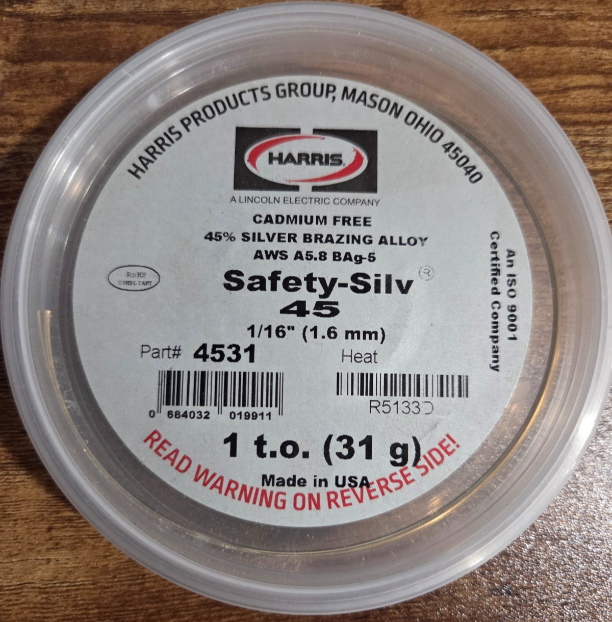 HARRIS 4531 SAFETY-SILV 45 High Silver Brazing Alloy 1/16 in, 1 x 1 Troy OZ Cup