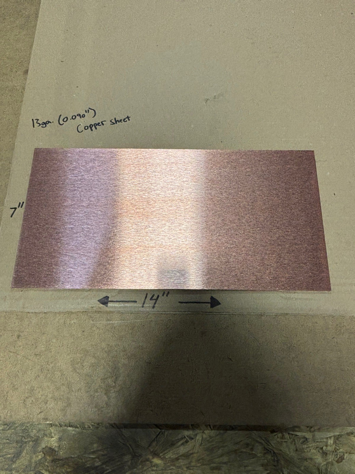 13ga (0.090” Thick) Pure Copper Sheet Metal – 1/4 Hard – 7” x 14” – brushed
