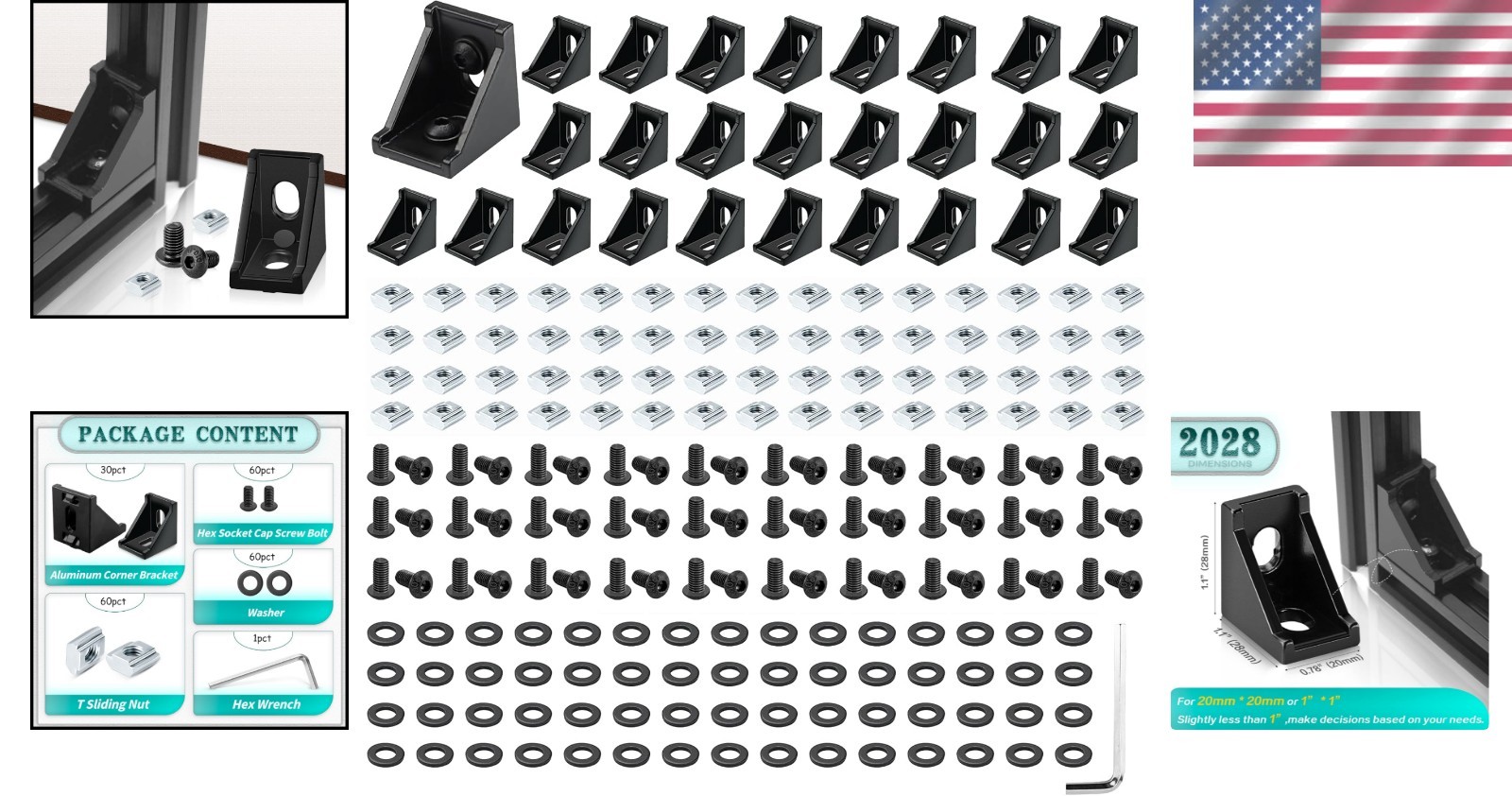 Aluminum Connector Set: 30 Corner Brackets & T-Slot Nuts for 20mm Frames