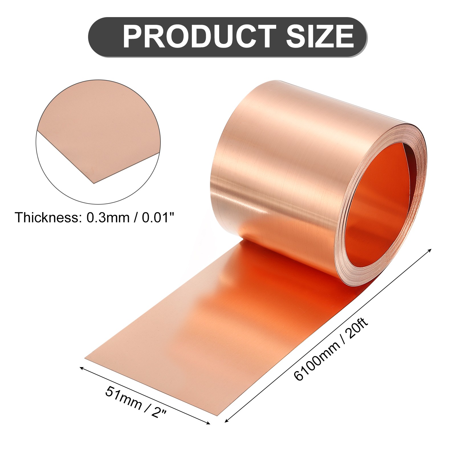 Pure Copper Sheet Roll, 0.3mm 22Ga Thick T2 20Ft x 2in Copper Strip for Craft