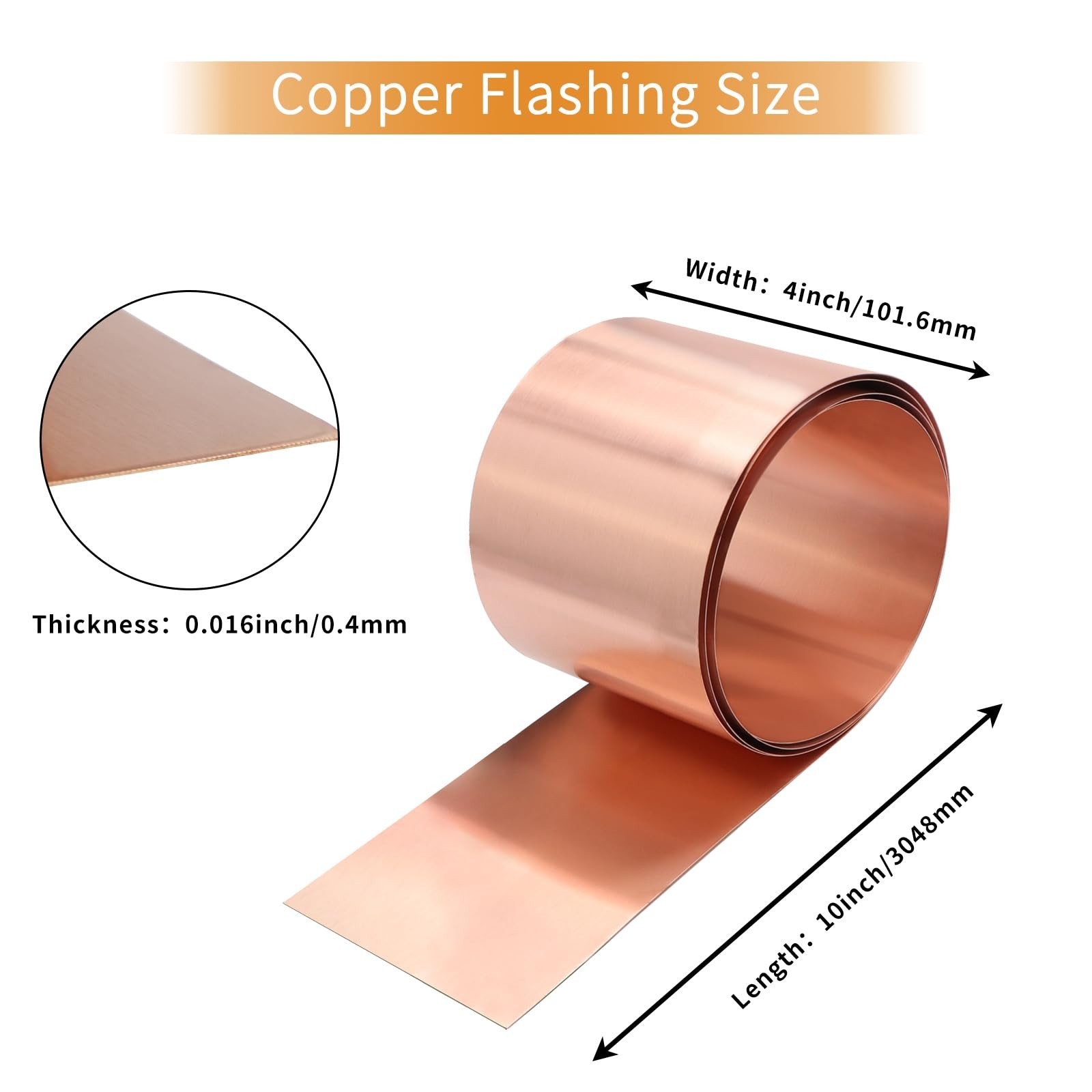 26 Gauge Copper Flashing Roll 4in x 10ft – 99.95% Pure Metal Sheet for Roofing &