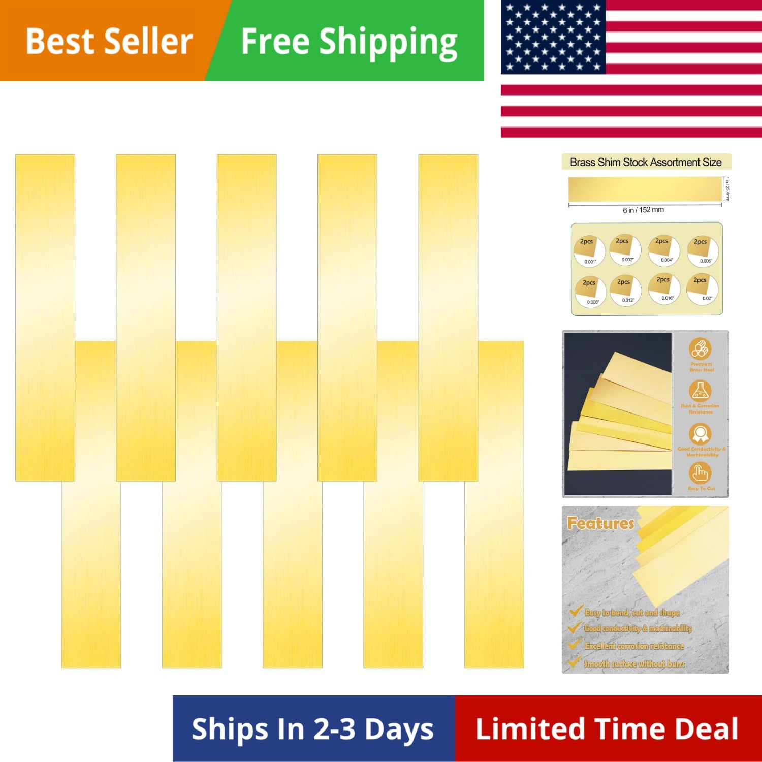 Brass Strip, Brass Sheet Metal Shims, 6″ Length x 1″ Width, 0.001″, 0.002″, 0…