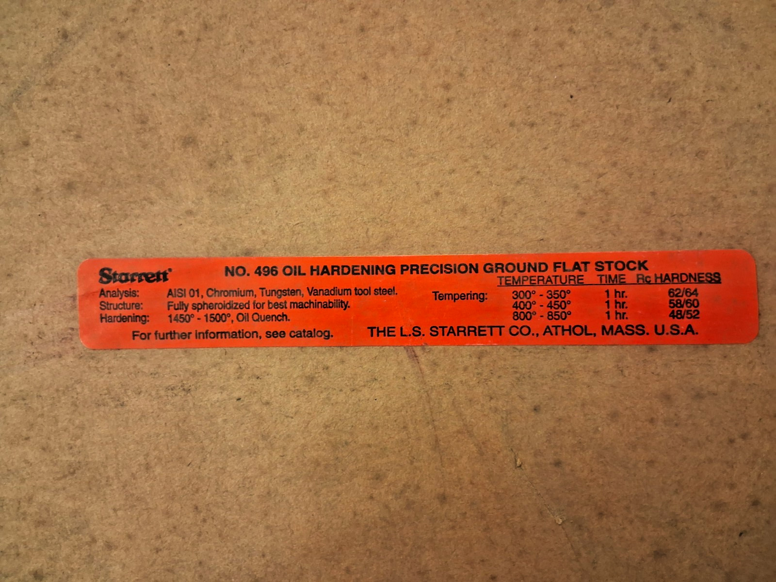 Starret o1 Oil Hardening Flat Stock 3/4" Thick 10" W 36" 54489