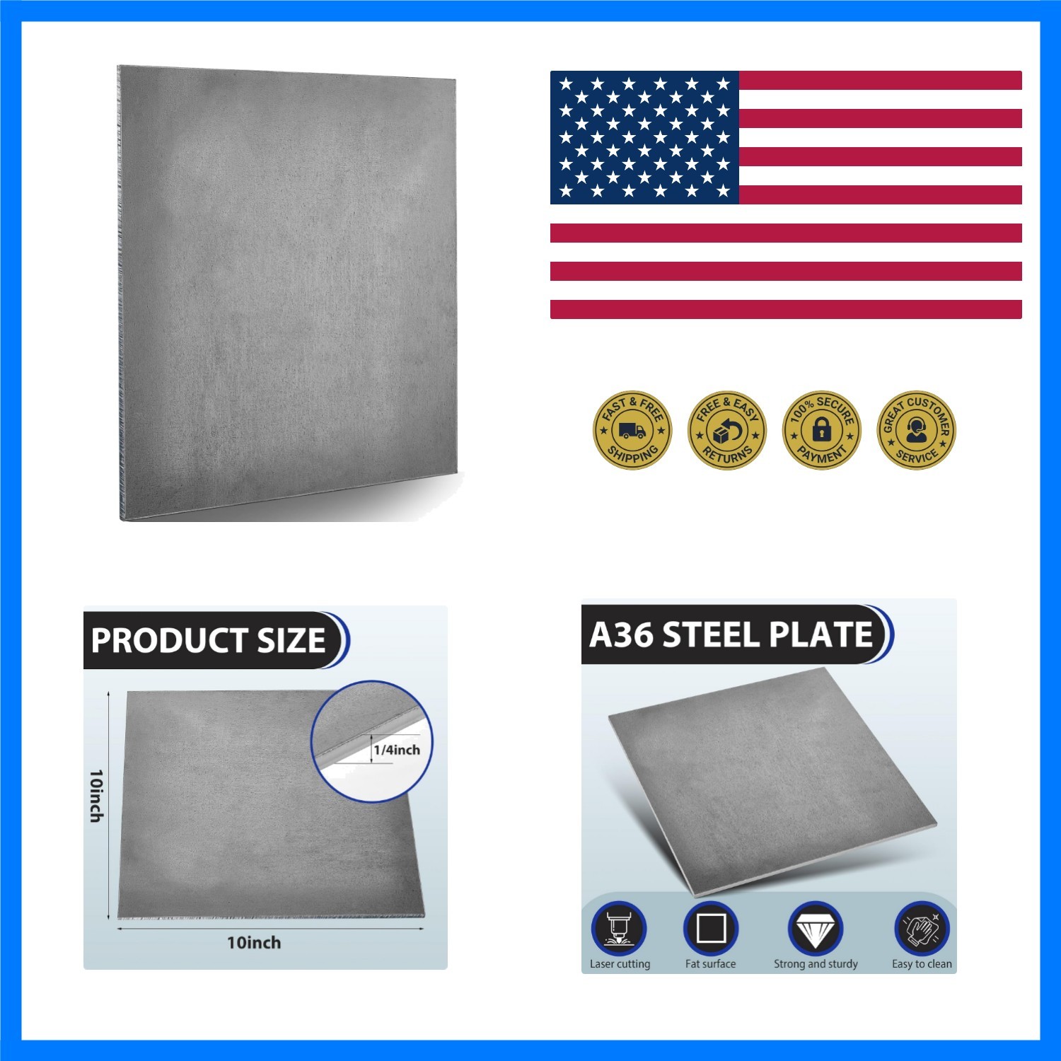 1 Pcs 1/4″ Steel Plate A36 10″ x 10″ Hot Rolled Mild Plates DIY Crafts Bar Me…