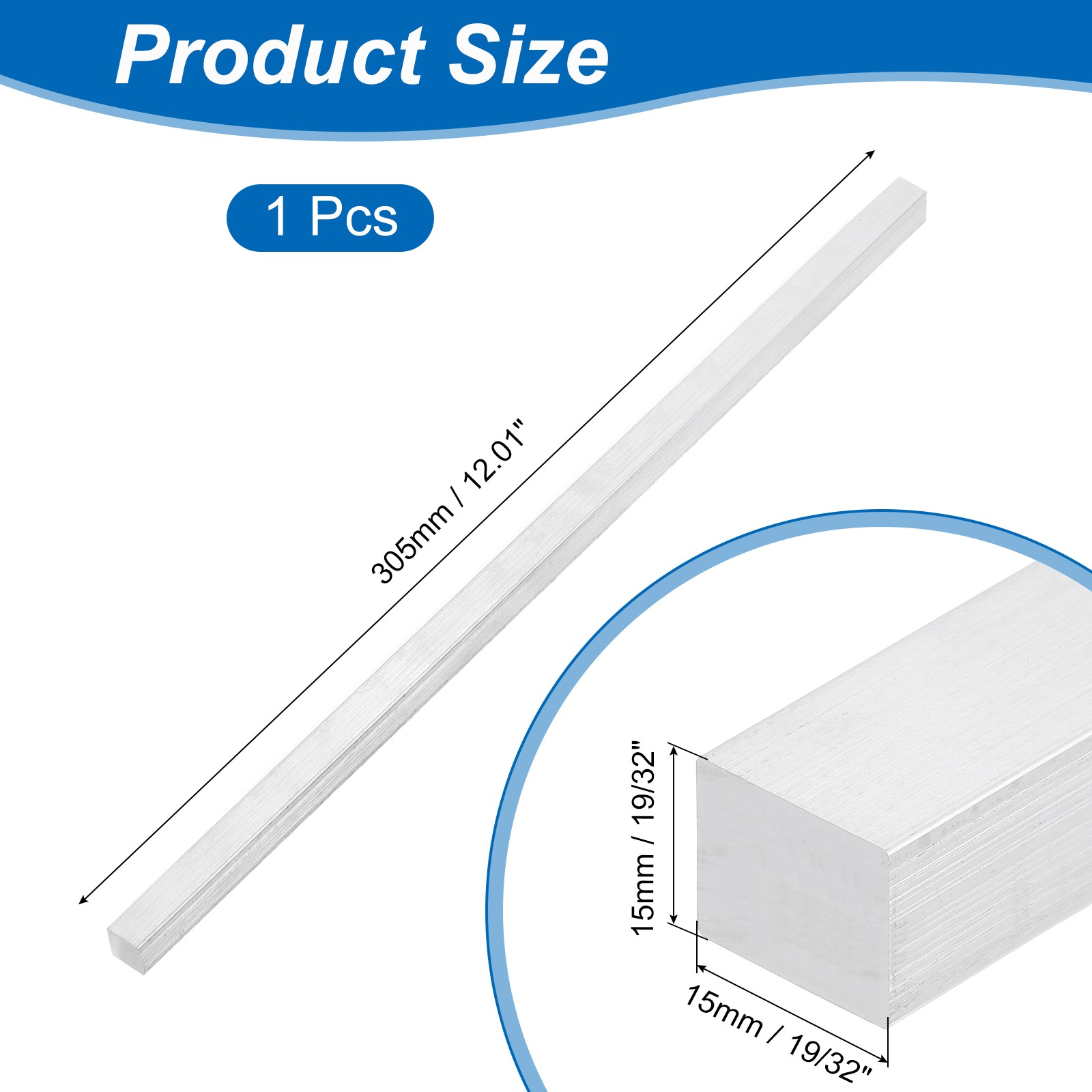 Square Aluminum Flat Bar, 15 x 15 x 305mm T6511 Solid New Mill Stock