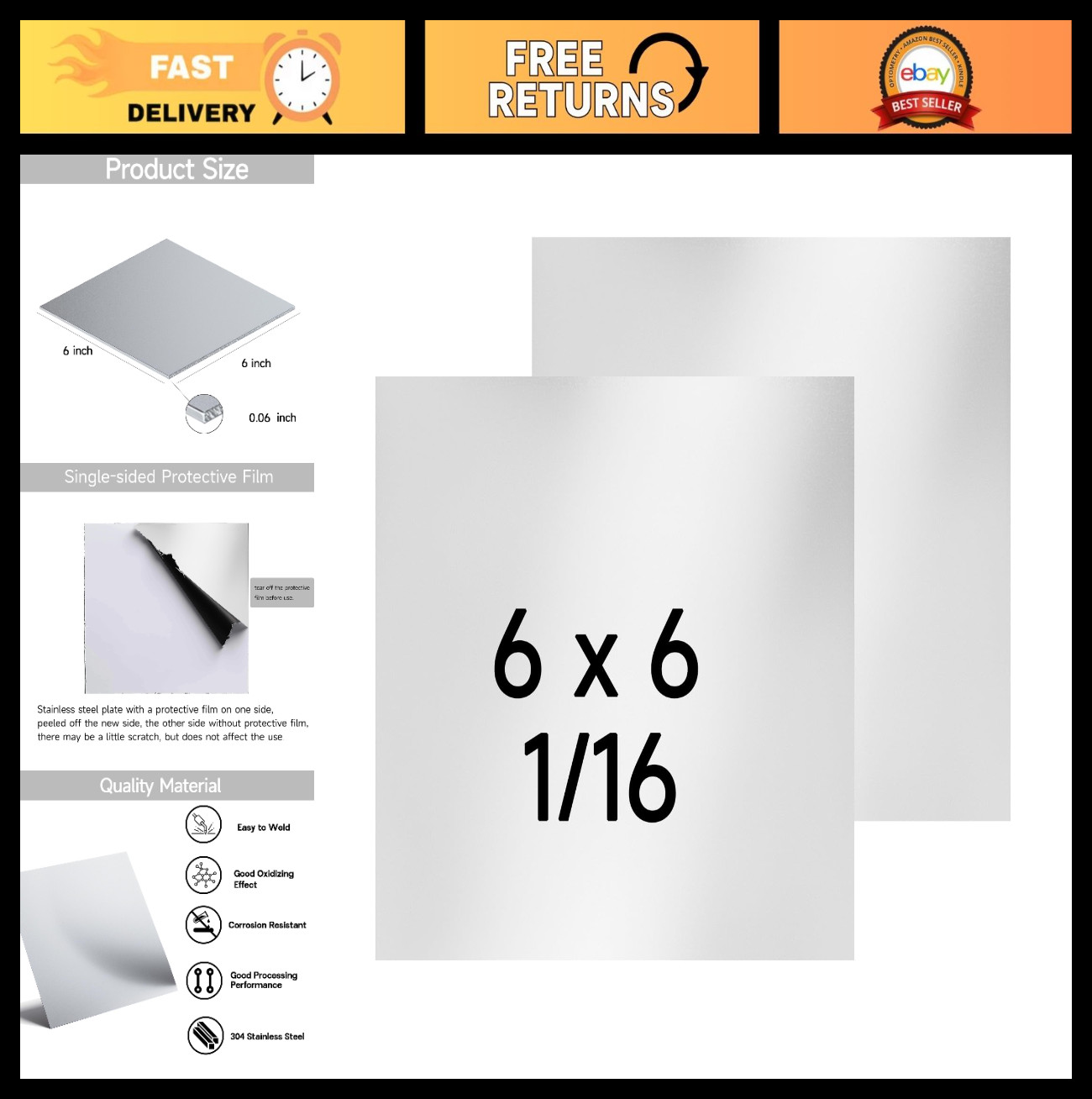304 Stainless Steel Sheet 2PCS 6″x6″ Thin Metal Plate 1/16″ Thick DIY Crafting