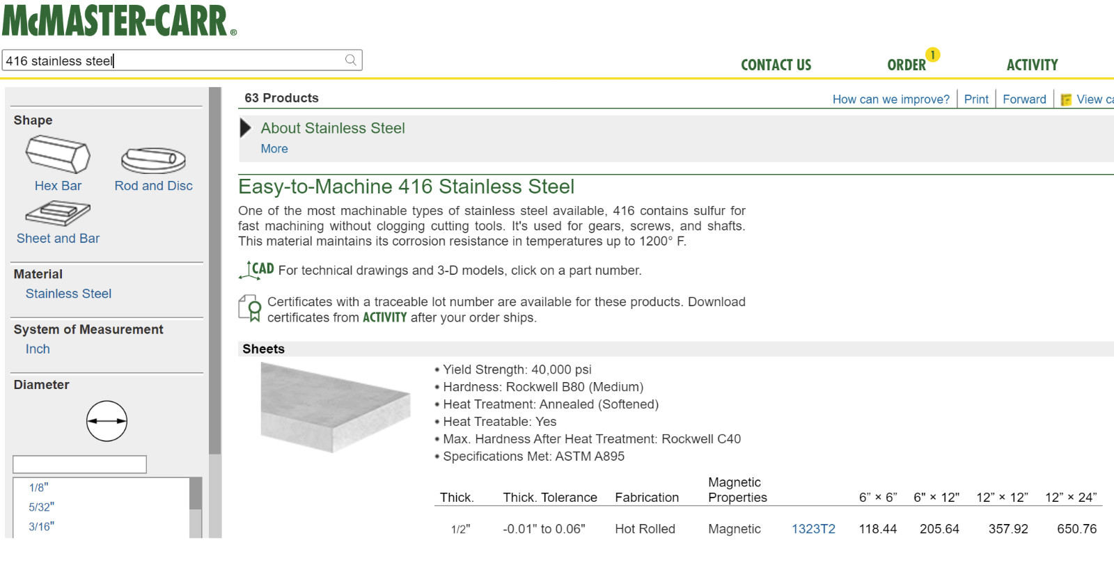 1/2″ 416 Stainess steel flat sheet plate stock – .54 x 12 x 45 – machining CNC