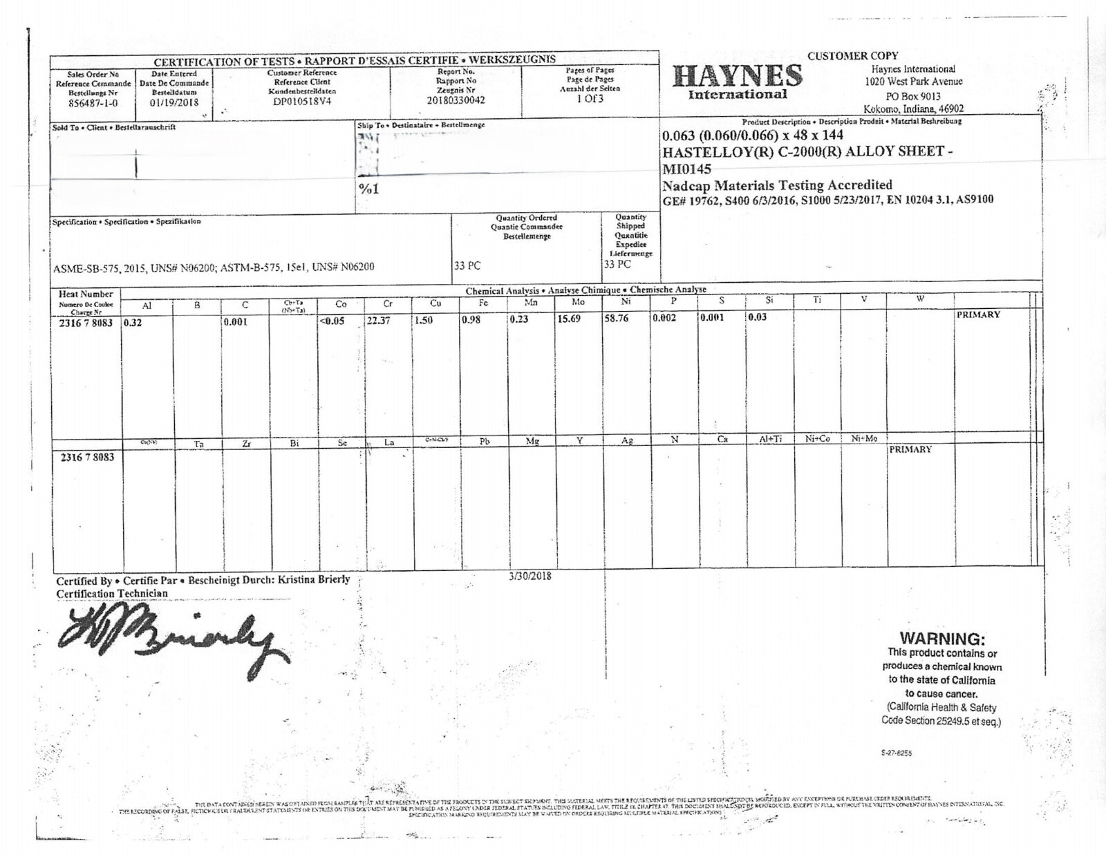 HAYNES INTERNATIONAL HASTELLOY C-2000 ALLOY SHEET METAL .063 X 48″ X 144″ CERTS