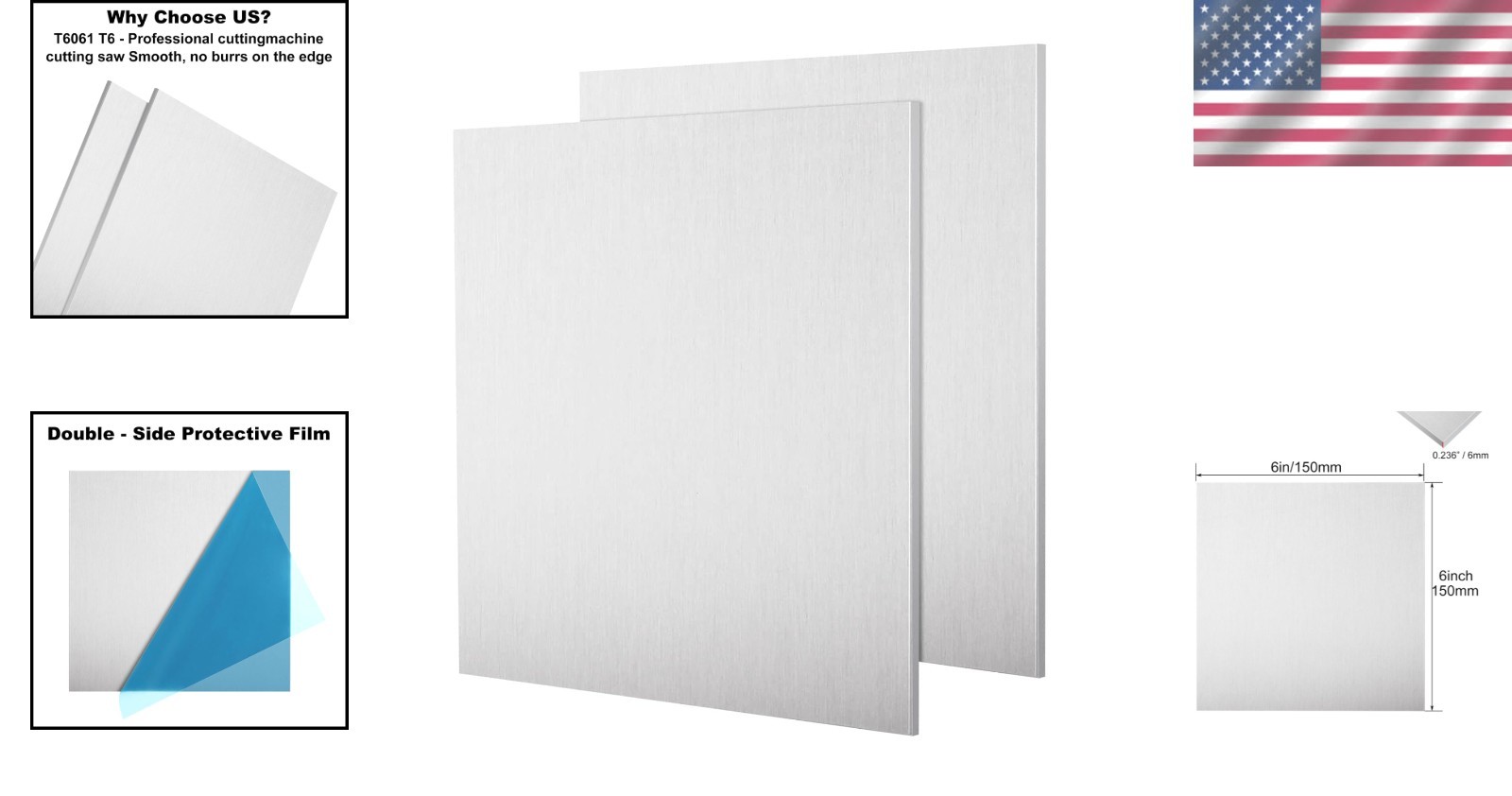 2 Pack 6061 T6 Aluminum Sheet Metal 6 X 6 X 0.236 (1/4) Inch Flat Plain Plate Pa