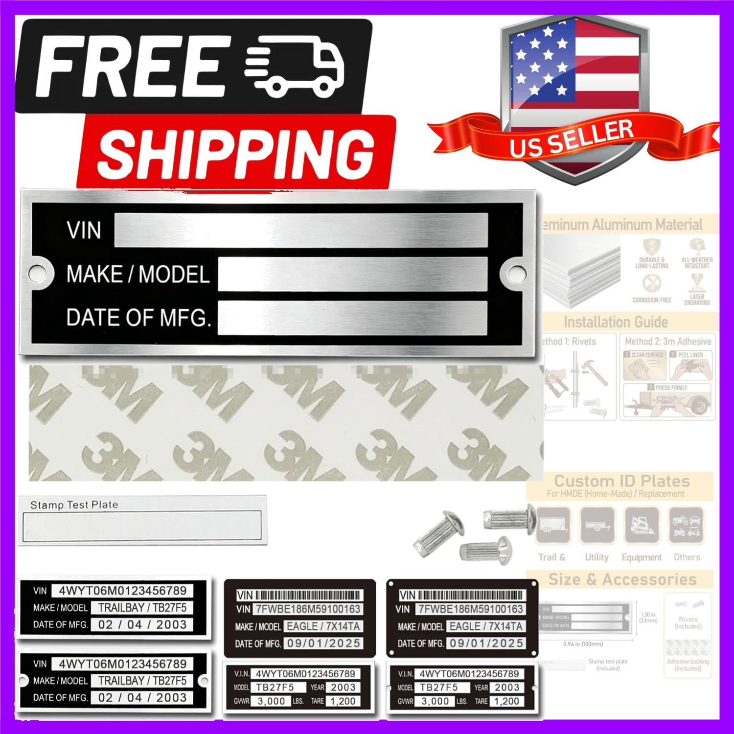 Blank Aluminum ID Plates, Metal Identification Plate, Serial Number Tag, Equi…