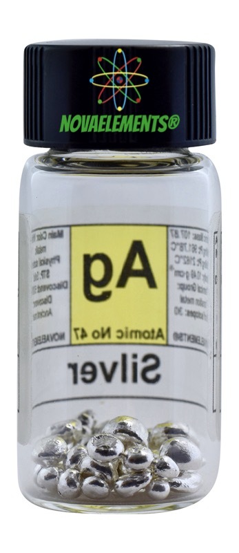 Silver metal element 47 Ag shiny pellets 3 grams 99.99% in labeled glass vial