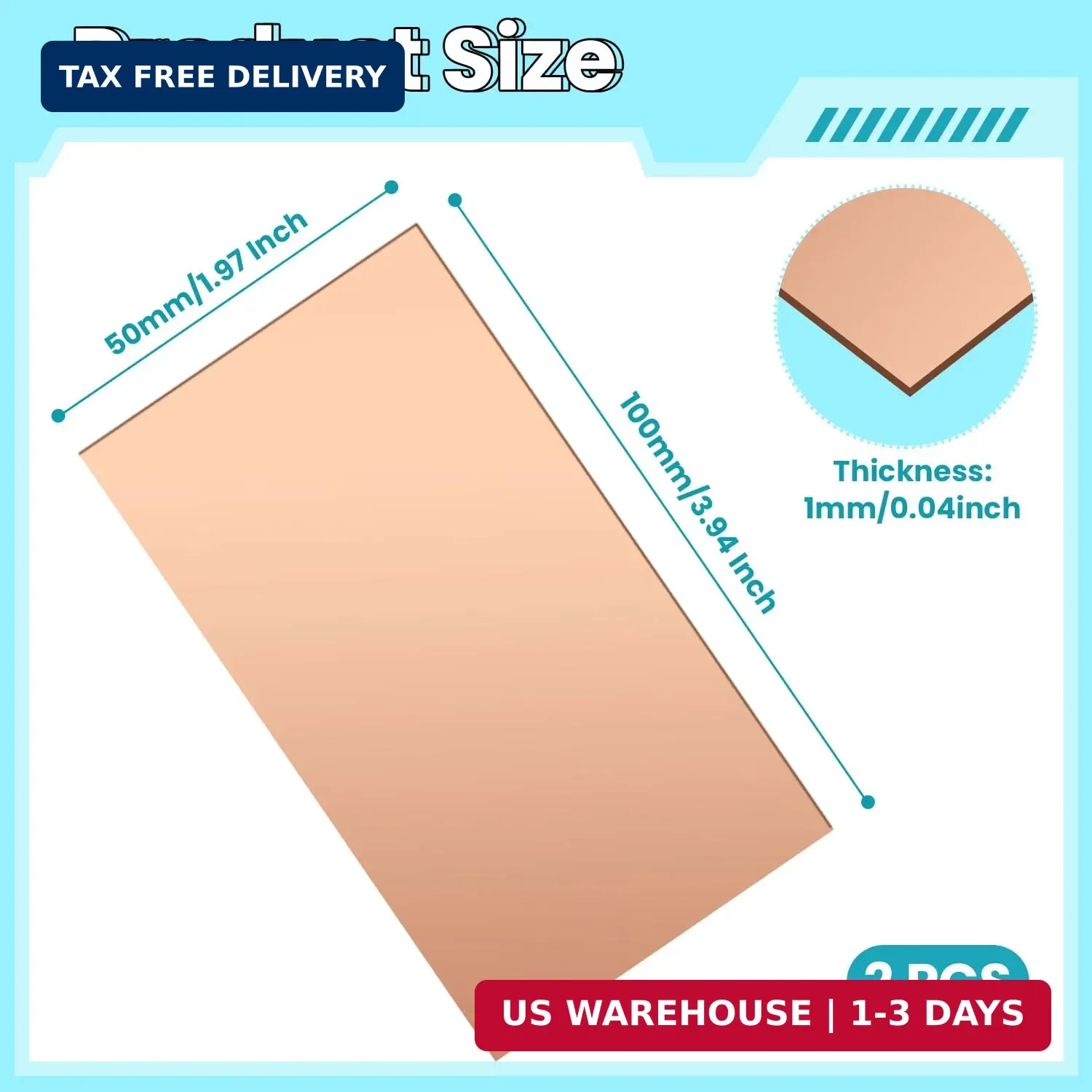 Copper Sheet, 2 Pieces of Copper Plates 4″×2″-18 Gauge(1mm) Thickness, 99% Pure