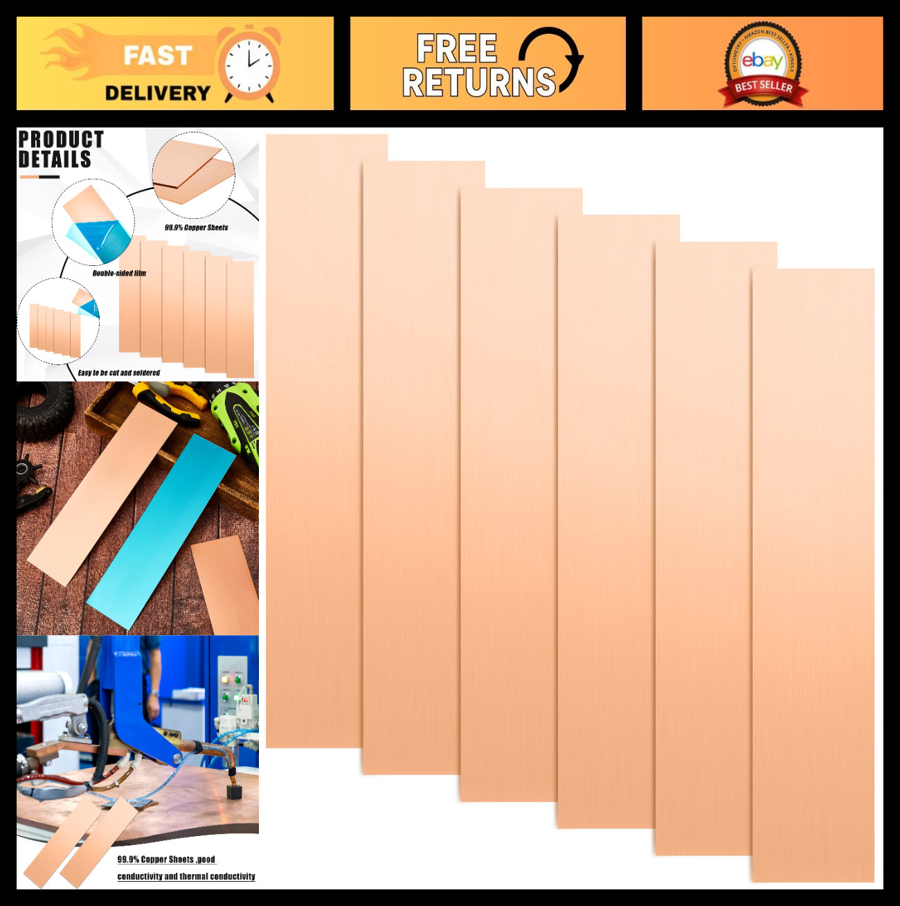 99.9% Pure Copper Sheets 10″x2.5″ – 6 Pcs, 0.5mm Thick Metal for Crafts, Jewelry