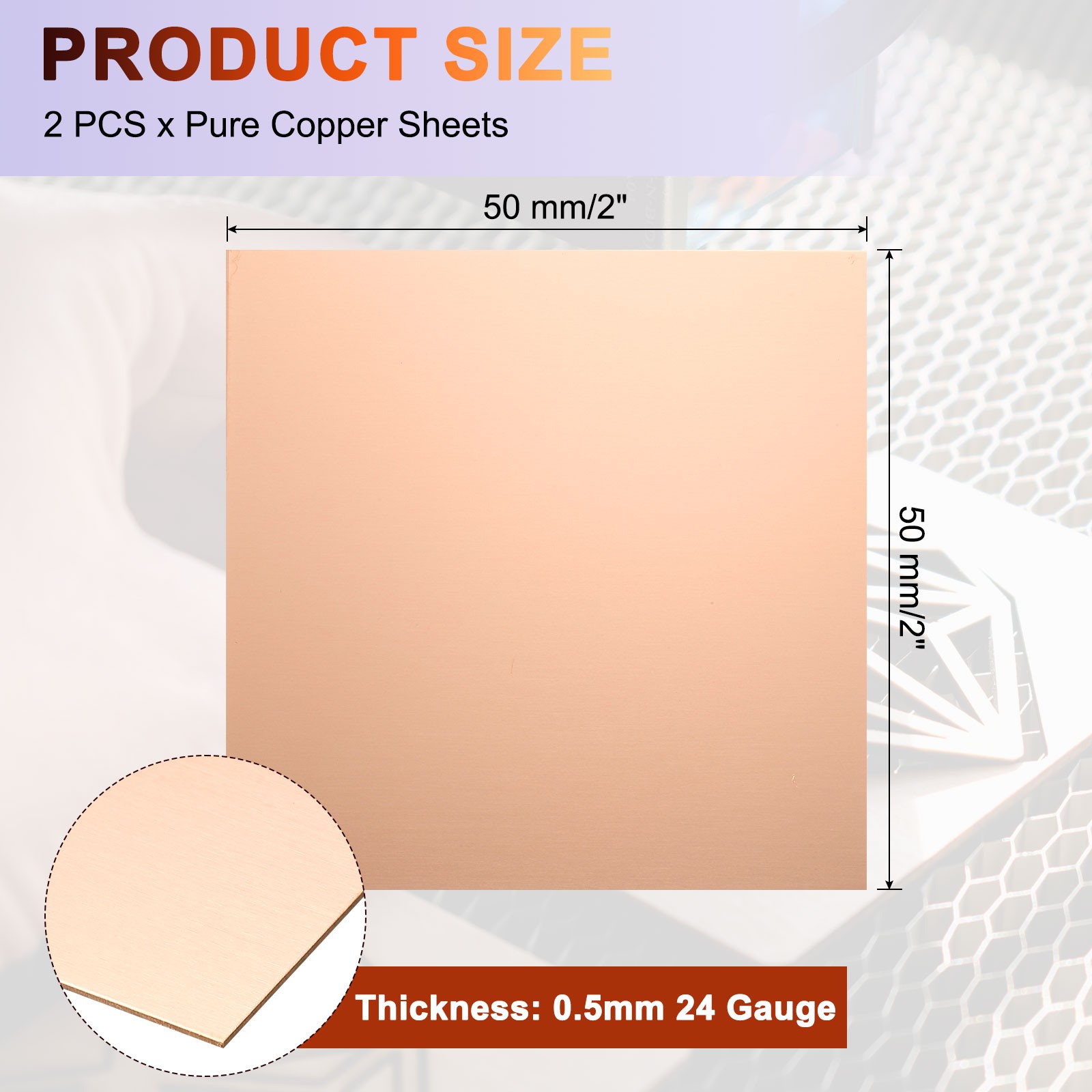 2Pcs Pure Copper Sheet,2″ x 2″, 24 Gauge (0.5mm) Thickness with Glove(Rose Gold)