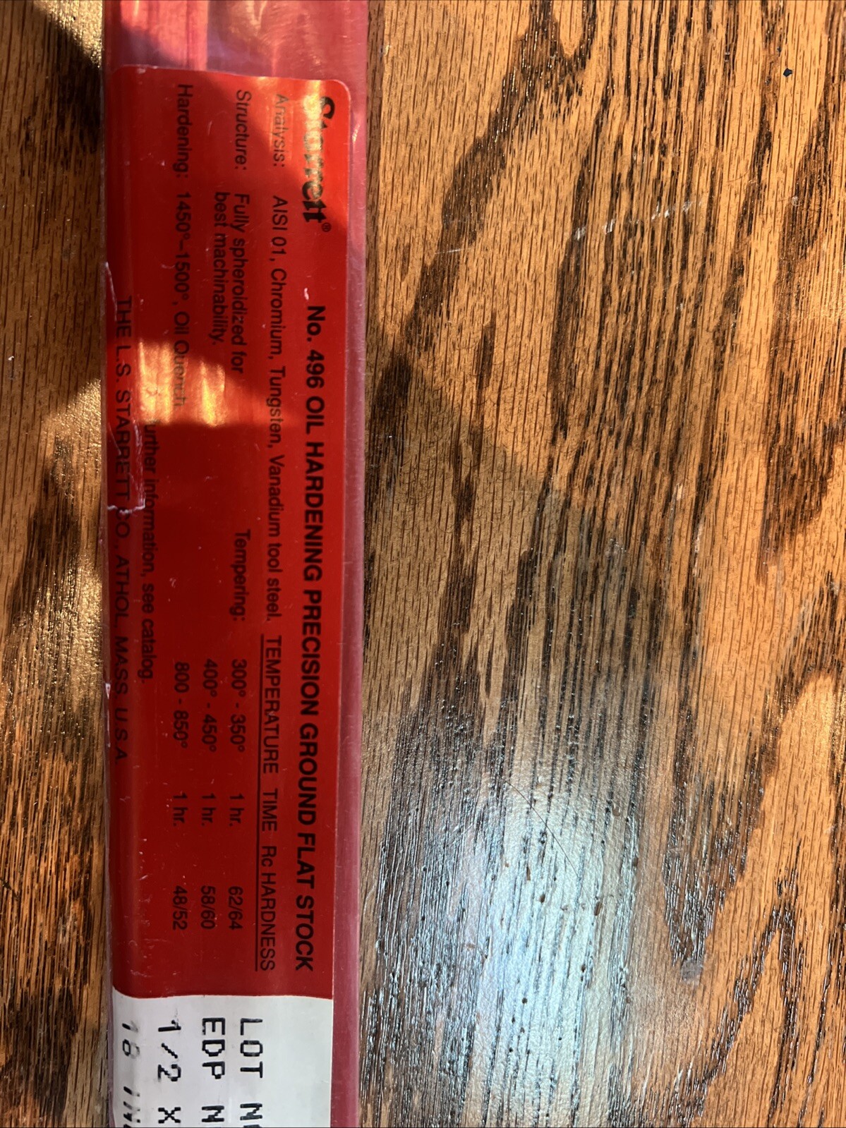 STARRETT 496 OIL HARDENING [PRECISION GROUND FLAT STOCK 1/2”x1/2”x18”