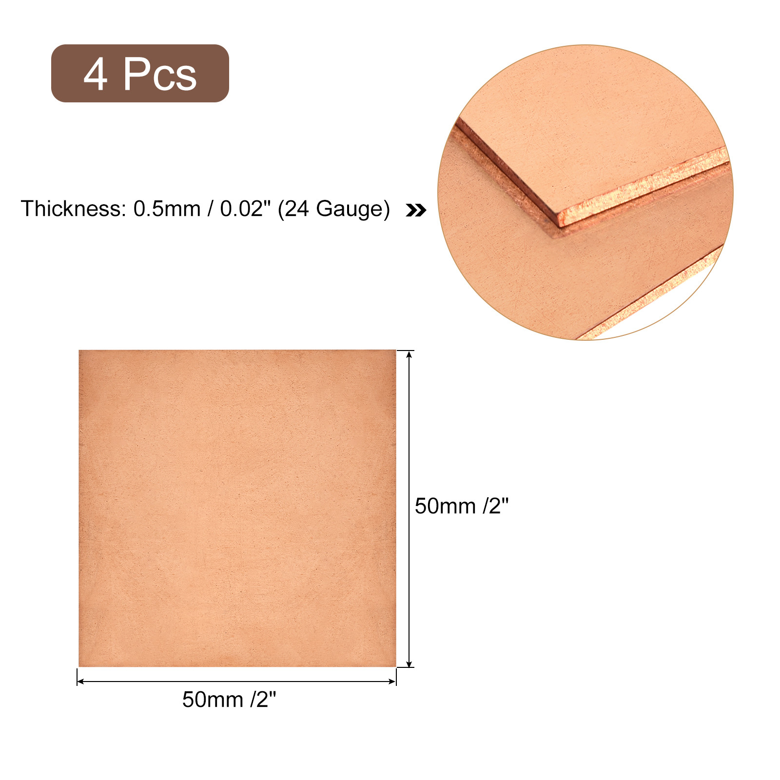 Pure Copper Sheet, 4pcs 2″ x 2″ x 0.02″ 24 Gauge T2 Copper Metal Plate