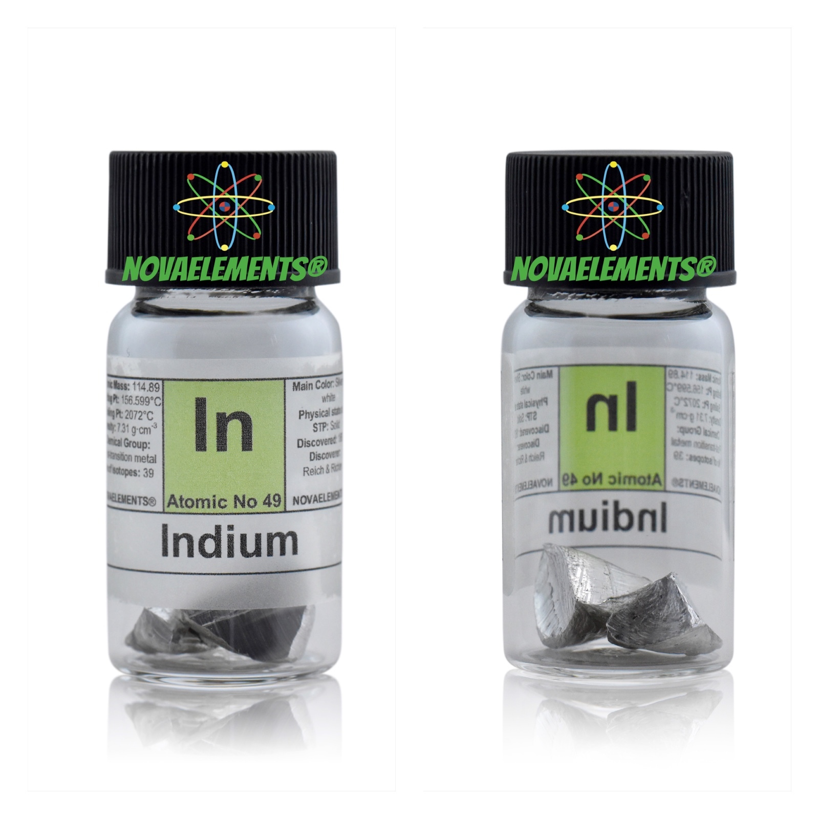 Indium metal element 49 sample 5 grams shiny pieces 99.99% in labeled glass vial