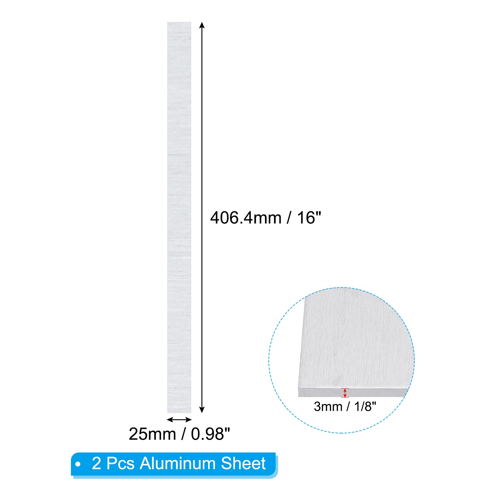 6061 T651 Aluminum Sheet Metal 15.98 x 0.98 x 1/8(0.125″) Inch 2Pcs Flat 3MM