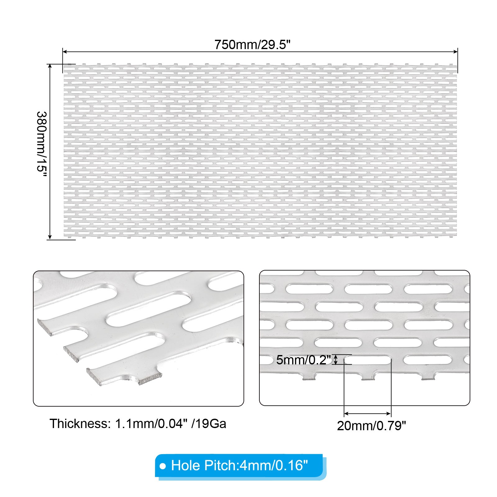 29.5″ x 15″ Perforated Metal Sheets, 19Ga 0.2″ x 0.79″ Oval Hole Mesh