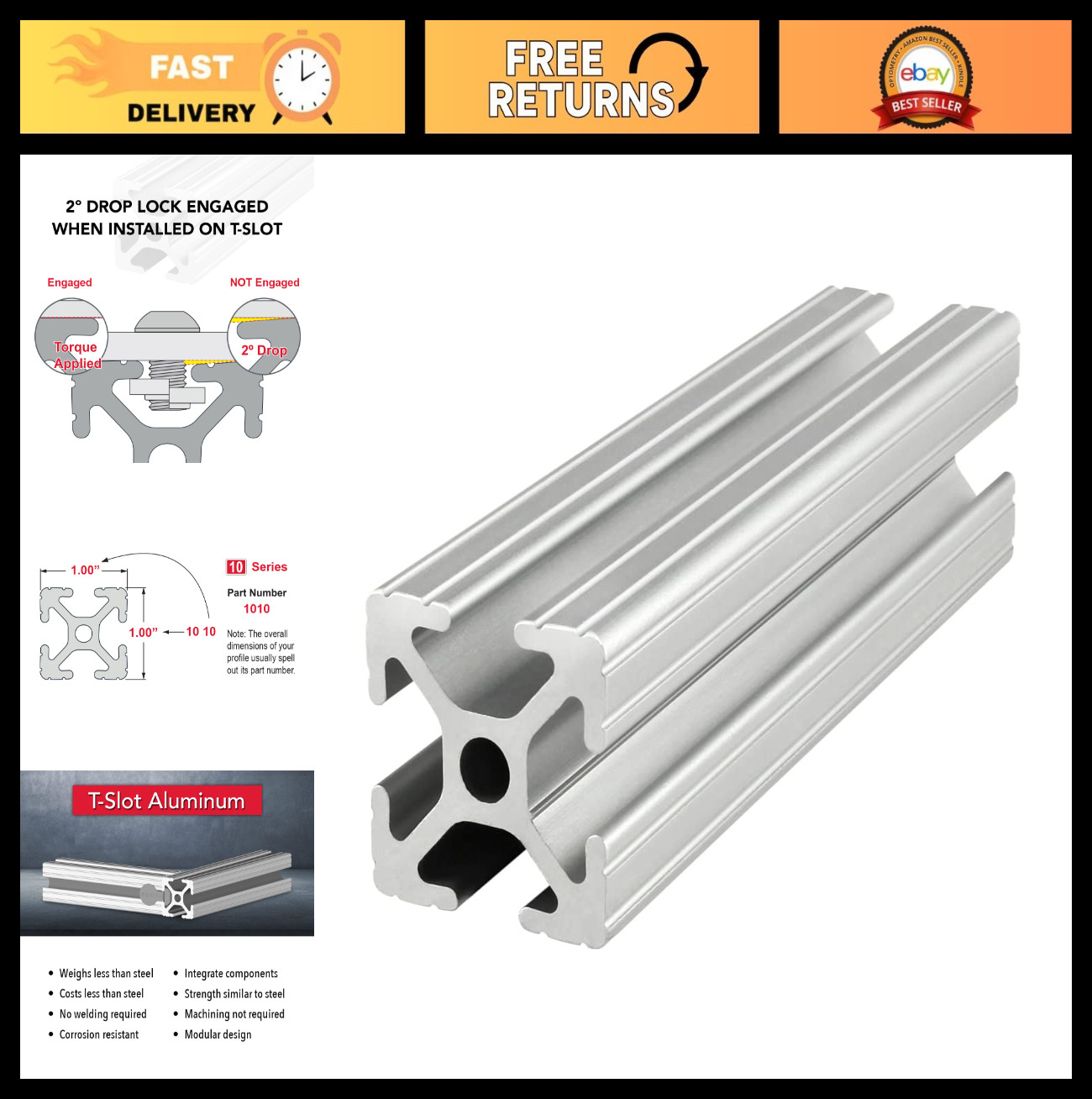 1″ x 1″ T-Slotted Aluminum Extrusion Rail – DIY Linear Slot Bar, Clear Anodized,