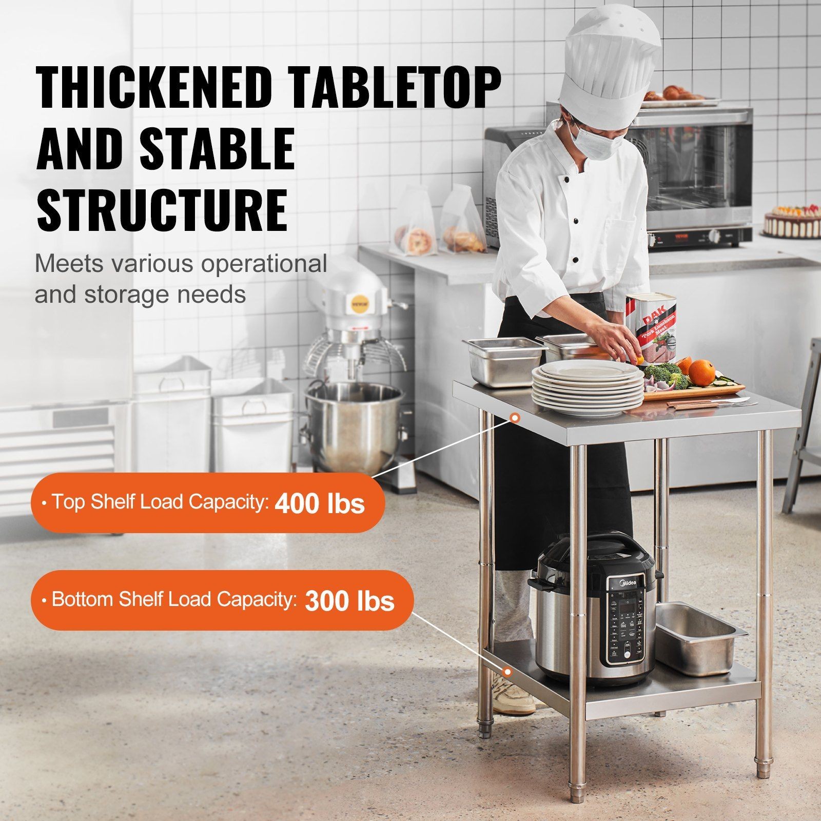 33lb 24x24x34in Stainless Steel Worktable & 3 Adjustable Heights