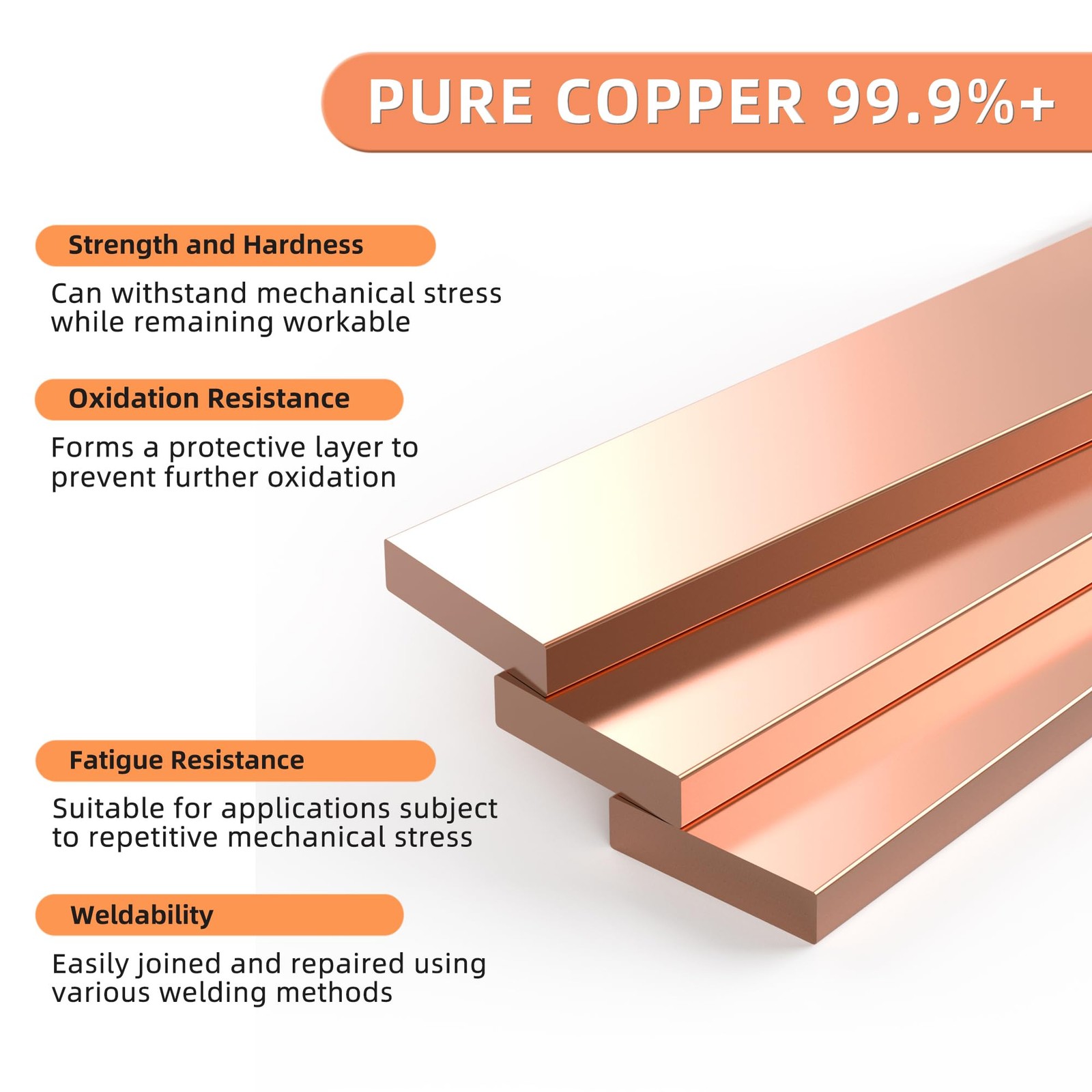1 PCS Copper Flat Bar Stock, 1/8 T, 1 W, 10 L, 99.9 Solid C110 Metal Sheet