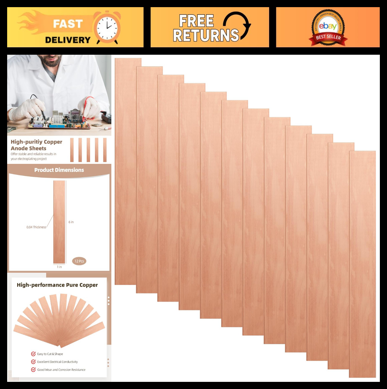 12 Pcs Copper Anode Sheets 0.04″x1″x6″ – High-Purity Electroplating Strips for D